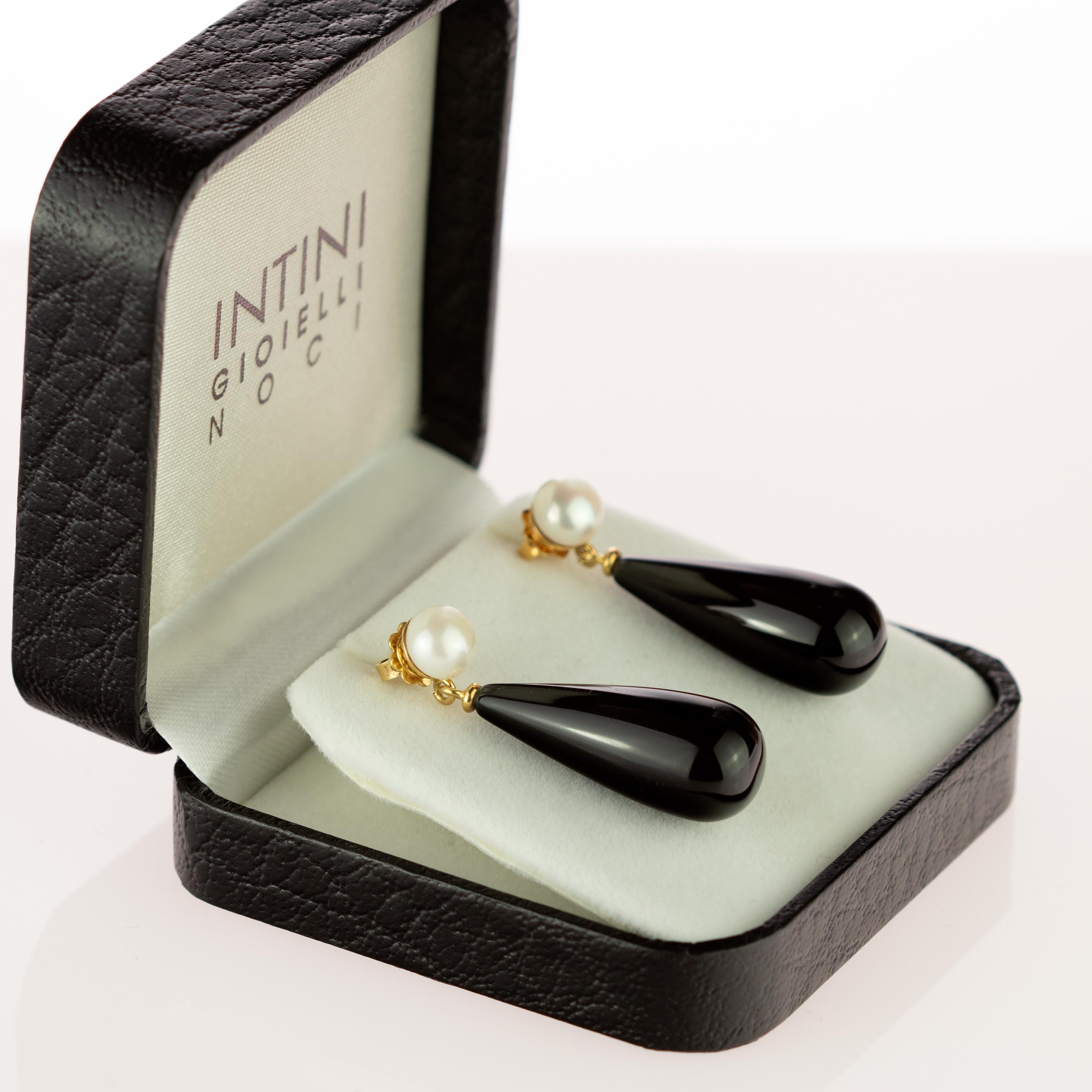 Artisan Intini Jewels Natural Pearl Black Agate 18 Karat Gold Tear Drop Bold Earrings