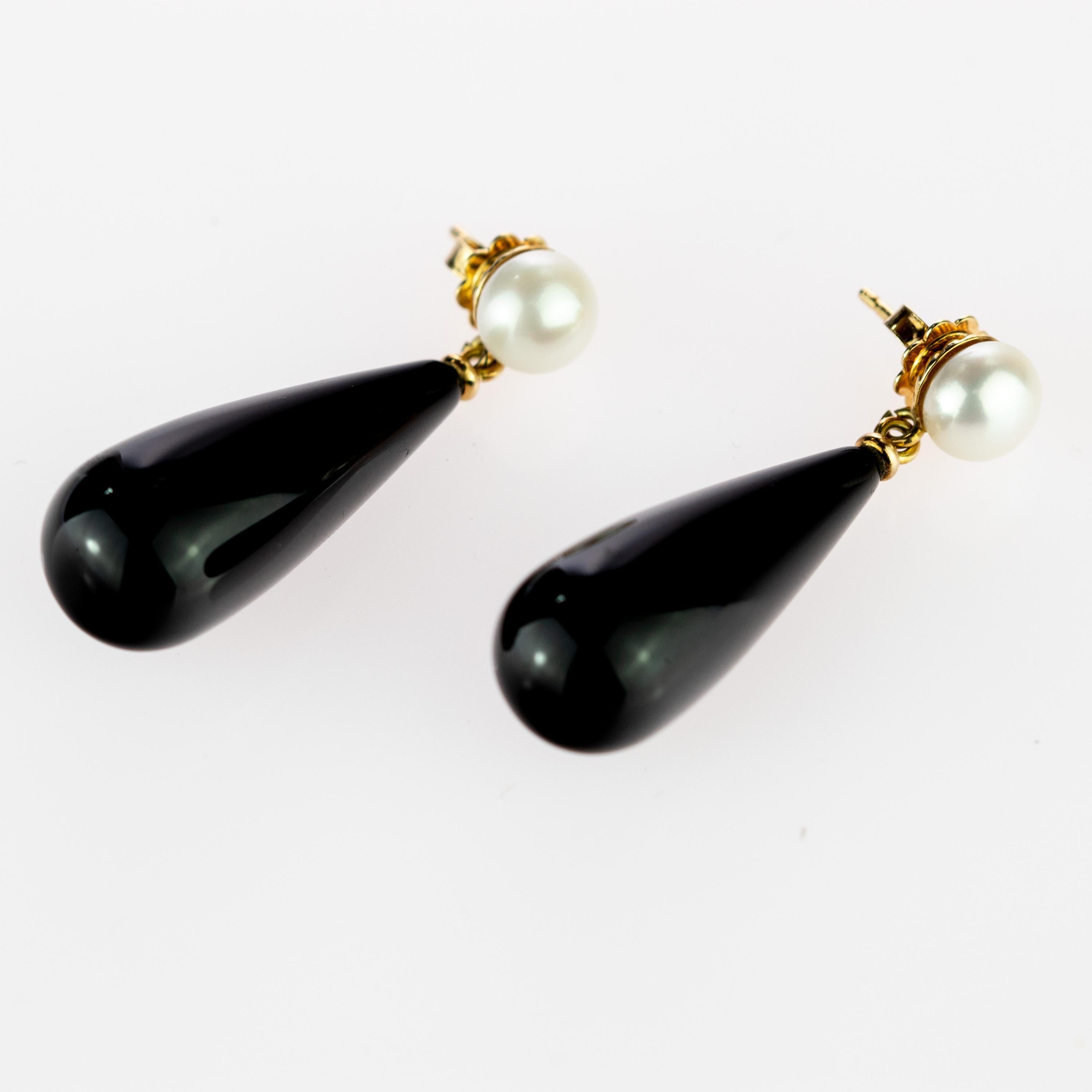 Women's Intini Jewels Natural Pearl Black Agate 18 Karat Gold Tear Drop Bold Earrings