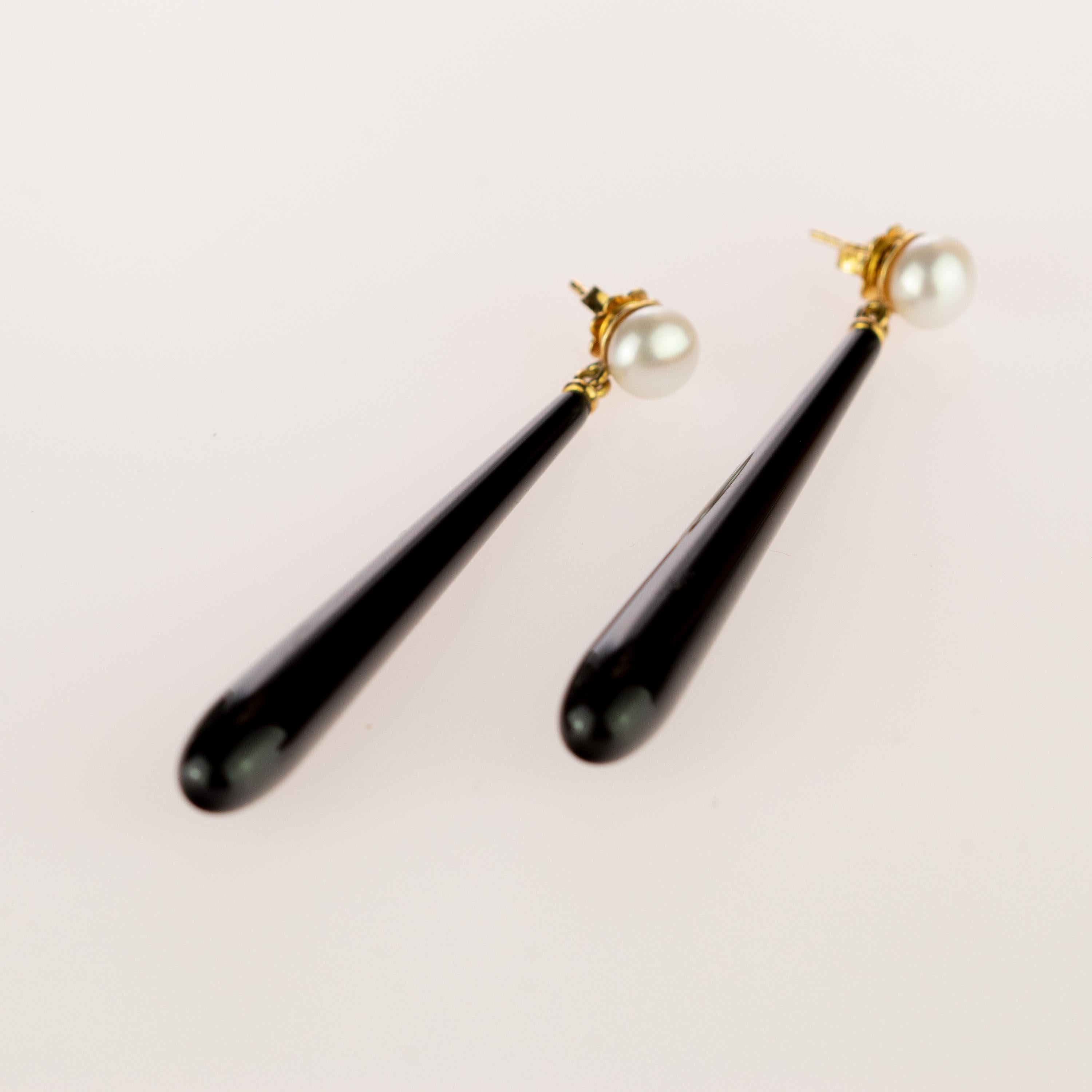Romantic  Intini Jewels Pearl Black Agate Long Stick 18 Karat Gold Handmade Drop Earrings For Sale