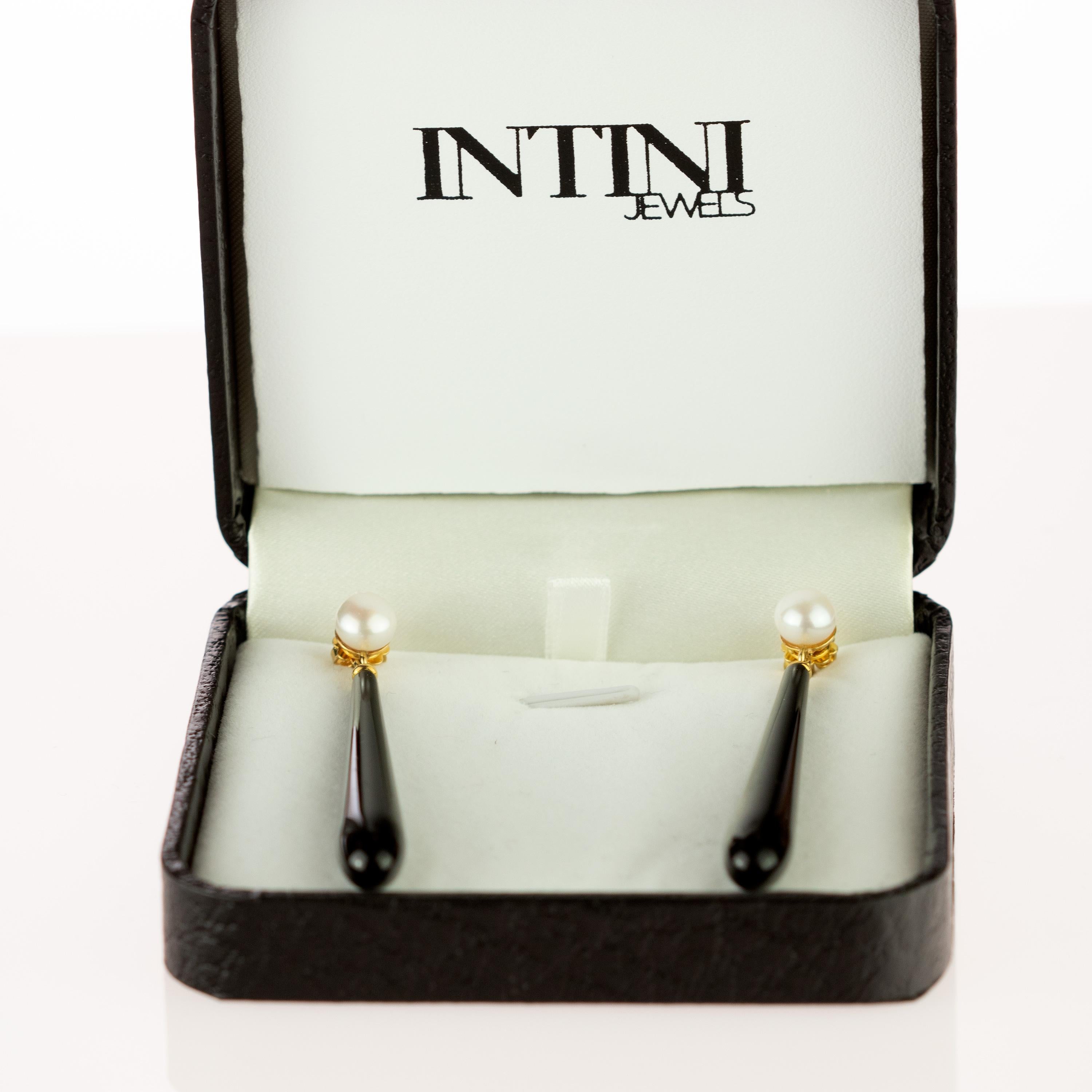 Mixed Cut  Intini Jewels Pearl Black Agate Long Stick 18 Karat Gold Handmade Drop Earrings For Sale