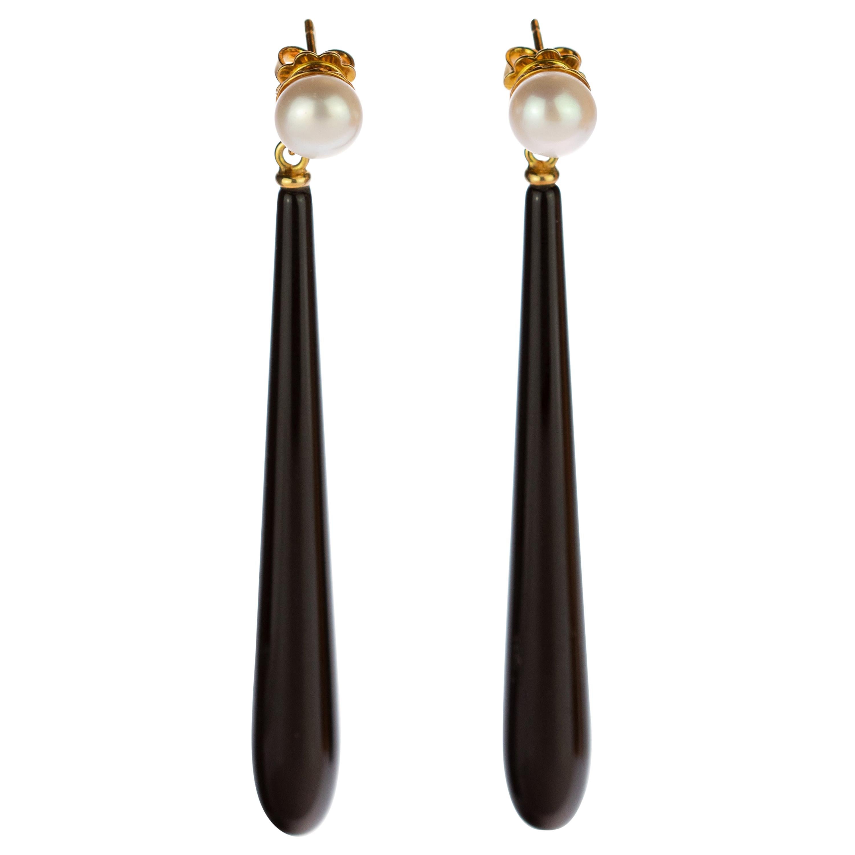 Intini Jewels Pearl Black Agate Long Stick 18 Karat Gold Handmade Drop Earrings For Sale