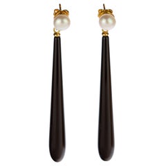  Intini Jewels Pearl Black Agate Long Stick 18 Karat Gold Handmade Drop Earrings