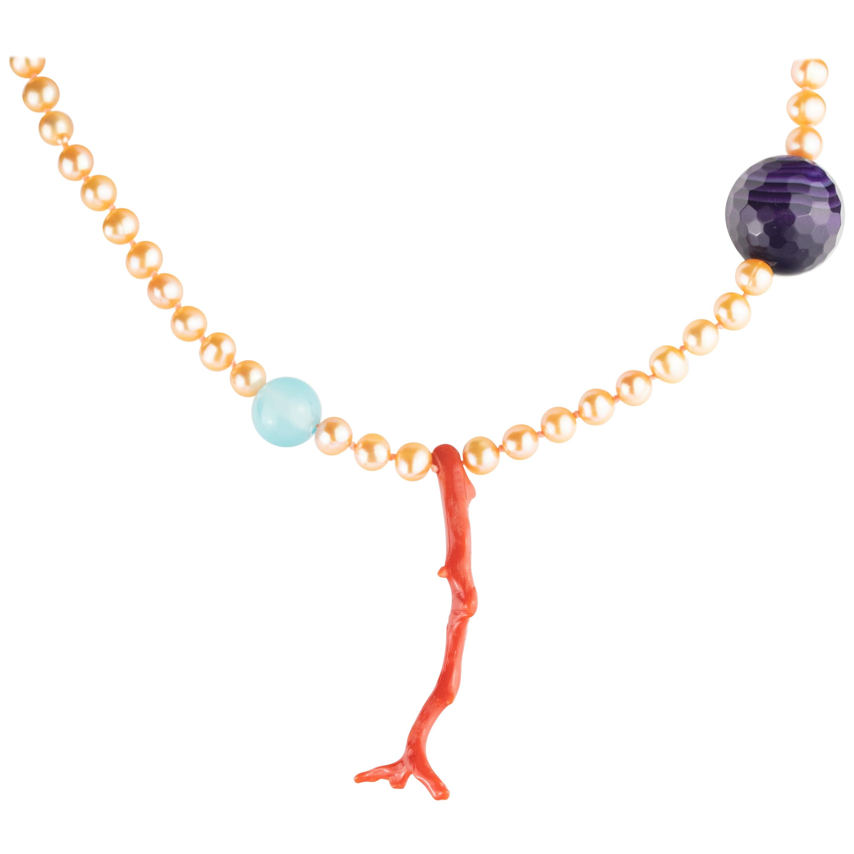 Intini Jewels Pearl Coral Agate Faceted 14 Karat Yellow Gold Modern Necklace For Sale
