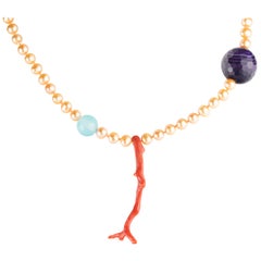 Intini Jewels Pearl Coral Agate Faceted 14 Karat Yellow Gold Modern Necklace
