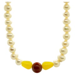 Intini Jewels Pearls Yellow Agate Red Jasper Gold Boho Chic Deco Pearl Necklace