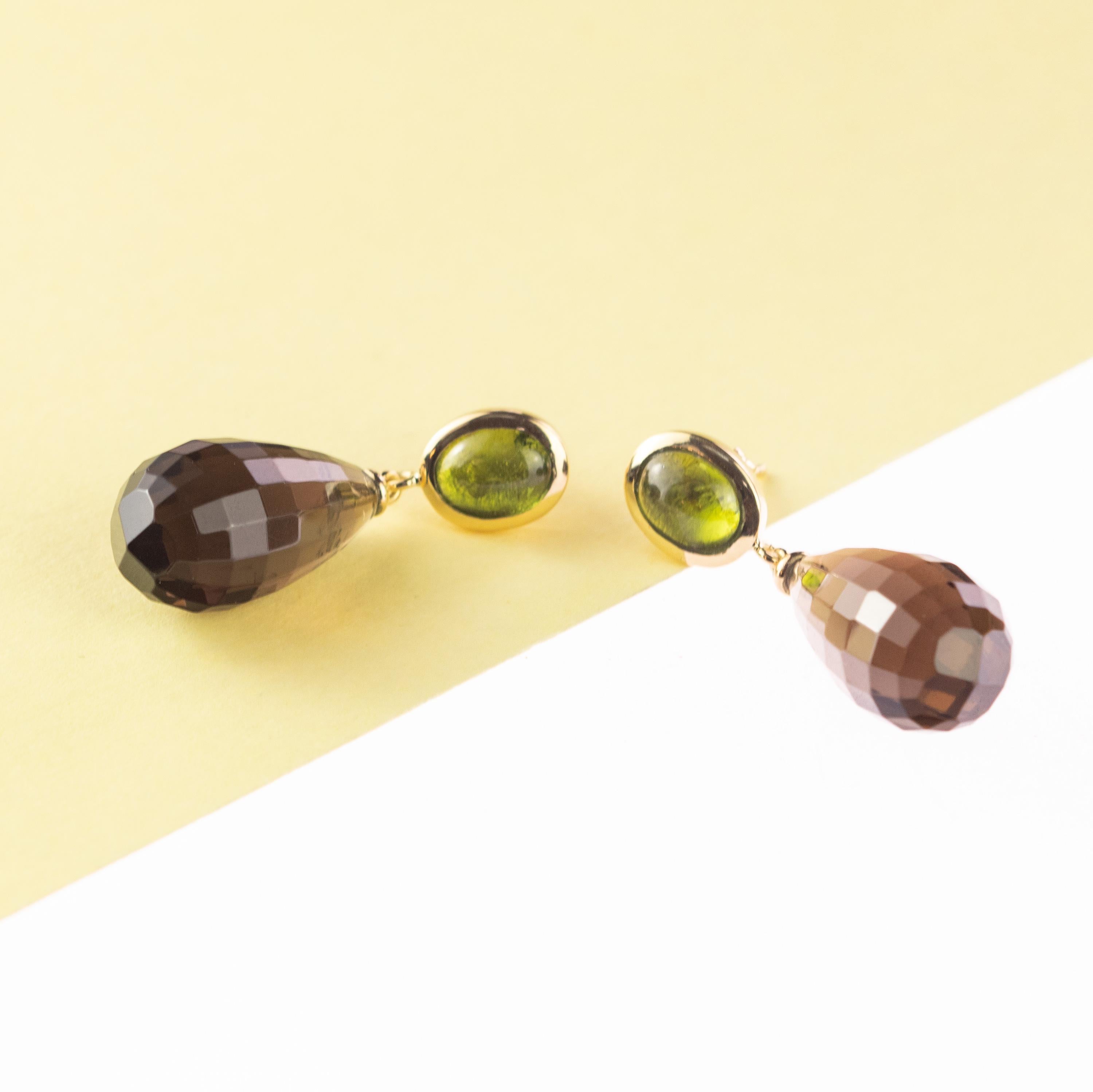 Art Nouveau Intini Jewels Orecchini a goccia da cocktail in quarzo peridoto e fumo in oro 18 carati in vendita