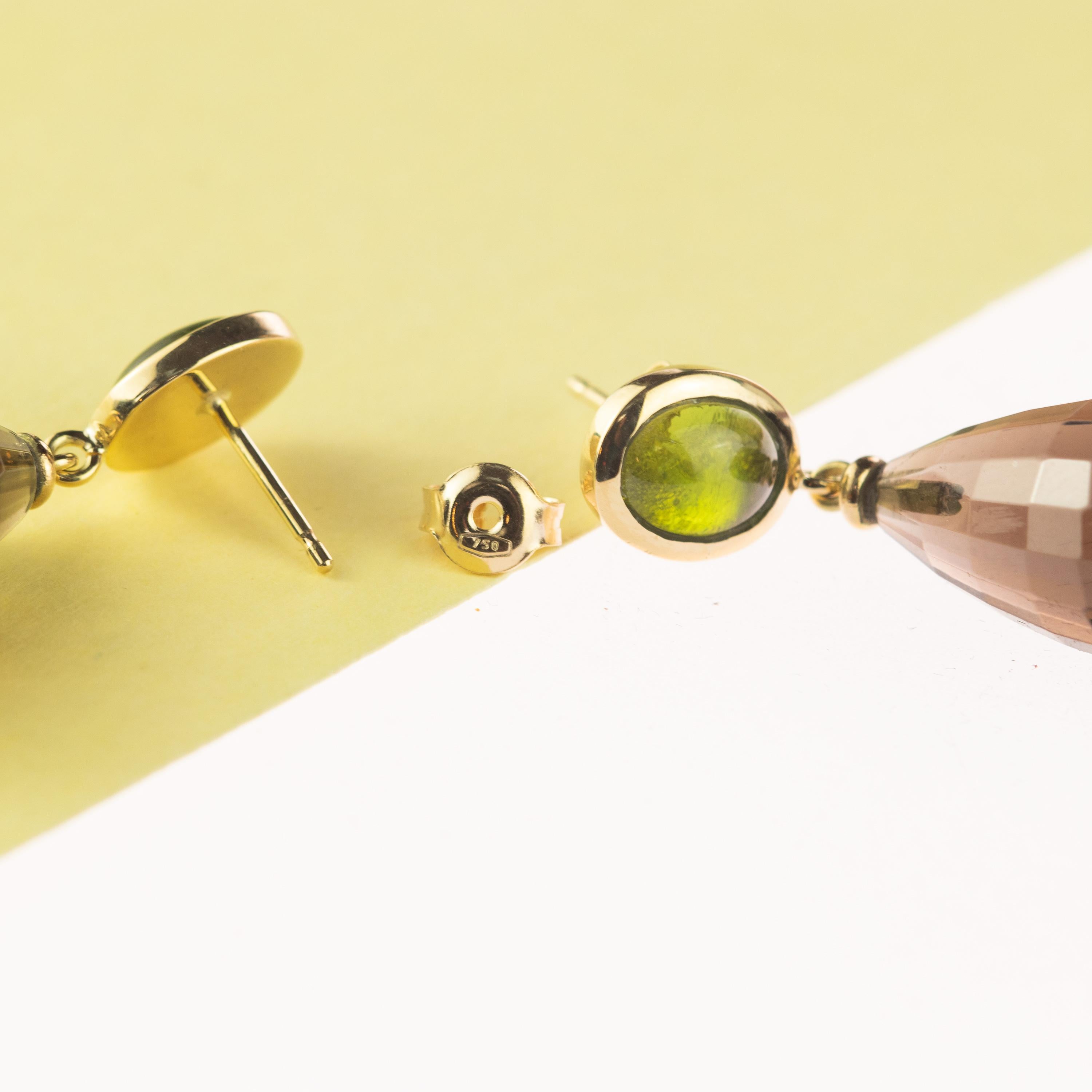 Taglio misto Intini Jewels Orecchini a goccia da cocktail in quarzo peridoto e fumo in oro 18 carati in vendita