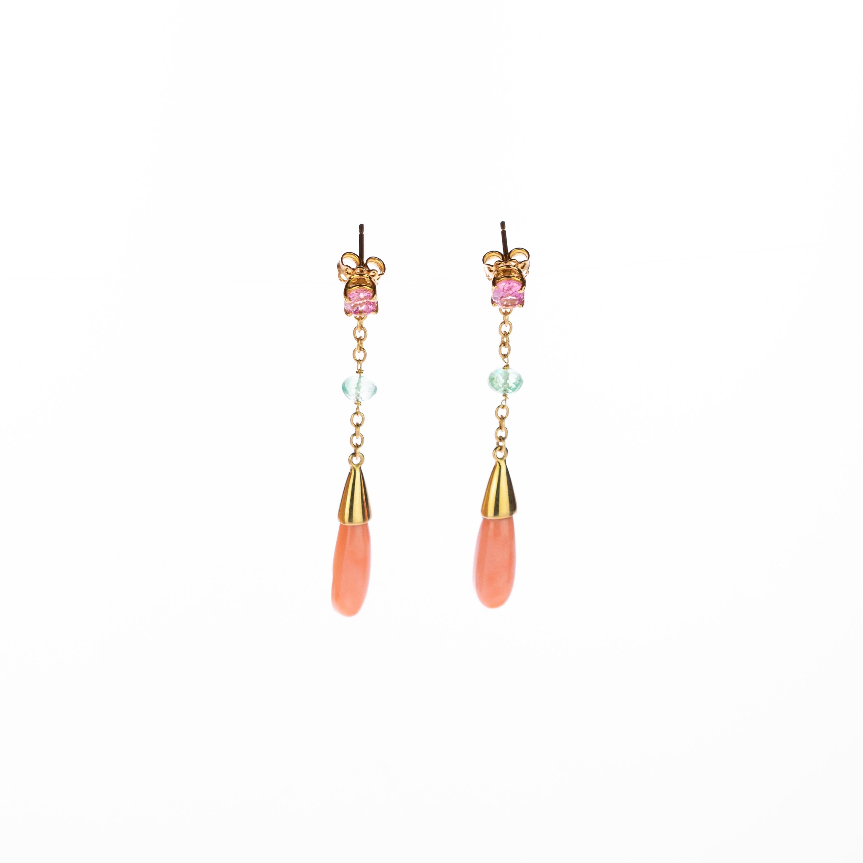Stunning crafted pink tourmaline round rose drop earrings holded by delicate 18 karat yellow gold chain cammeo pink coral that ends in a gold cone and light pink coral drops. Evoking all the italian tradition resulting in a stunning masterpiece with