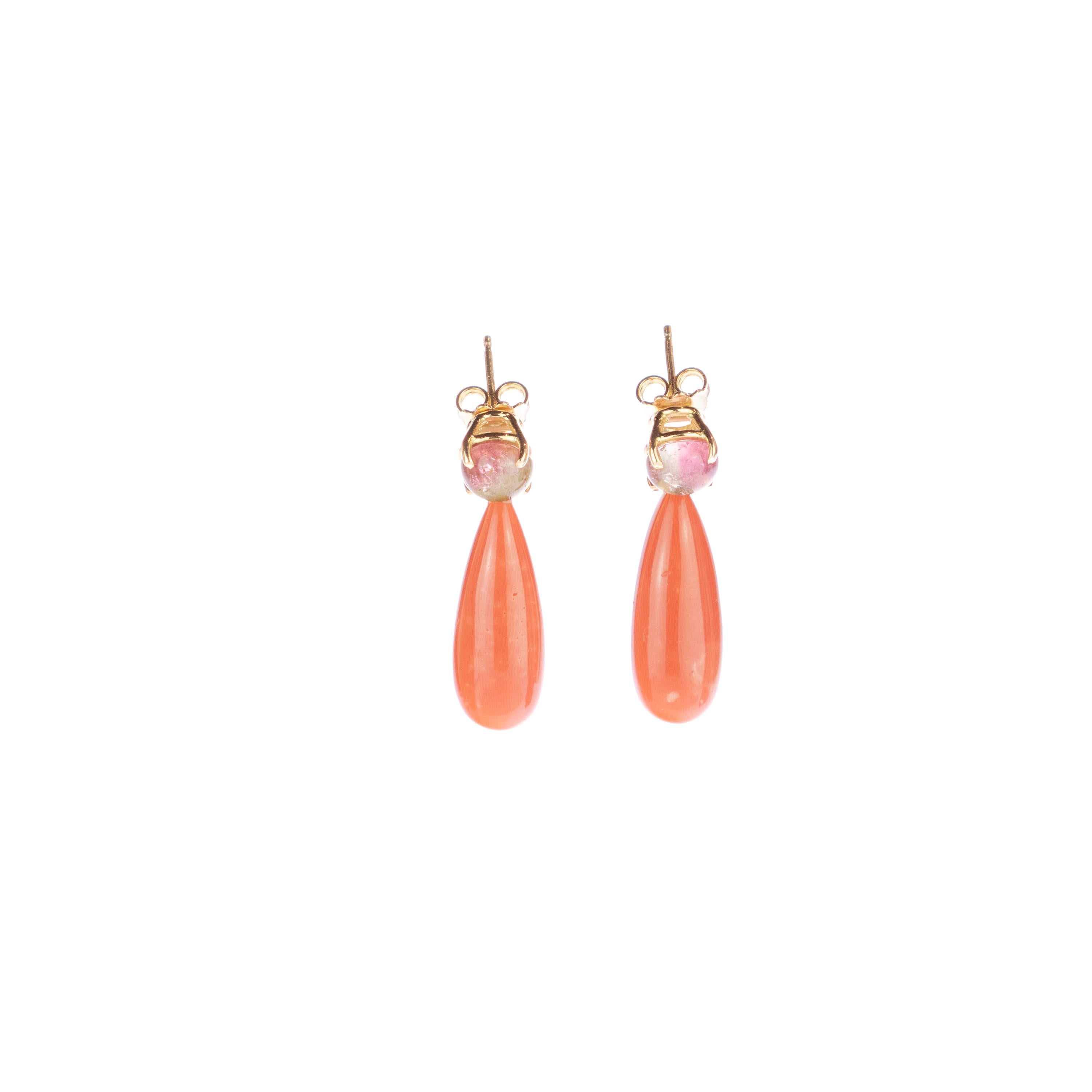 Art Nouveau Intini Jewels Italy Pink Coral Tear Tourmaline 18 Karat Gold Chain Drop Earrings