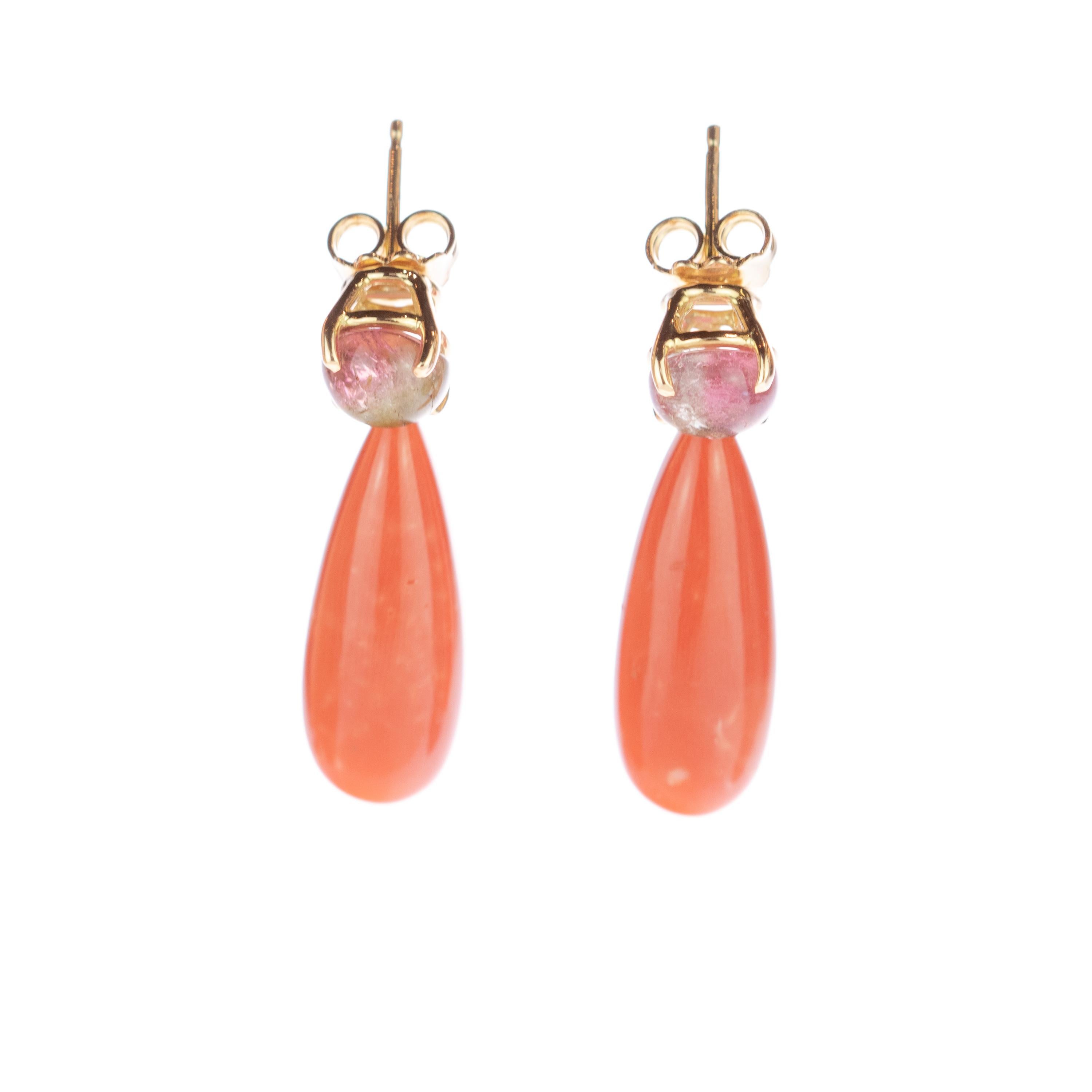 Intini Jewels Italy Pink Coral Tear Tourmaline 18 Karat Gold Chain Drop Earrings In New Condition In Milano, IT