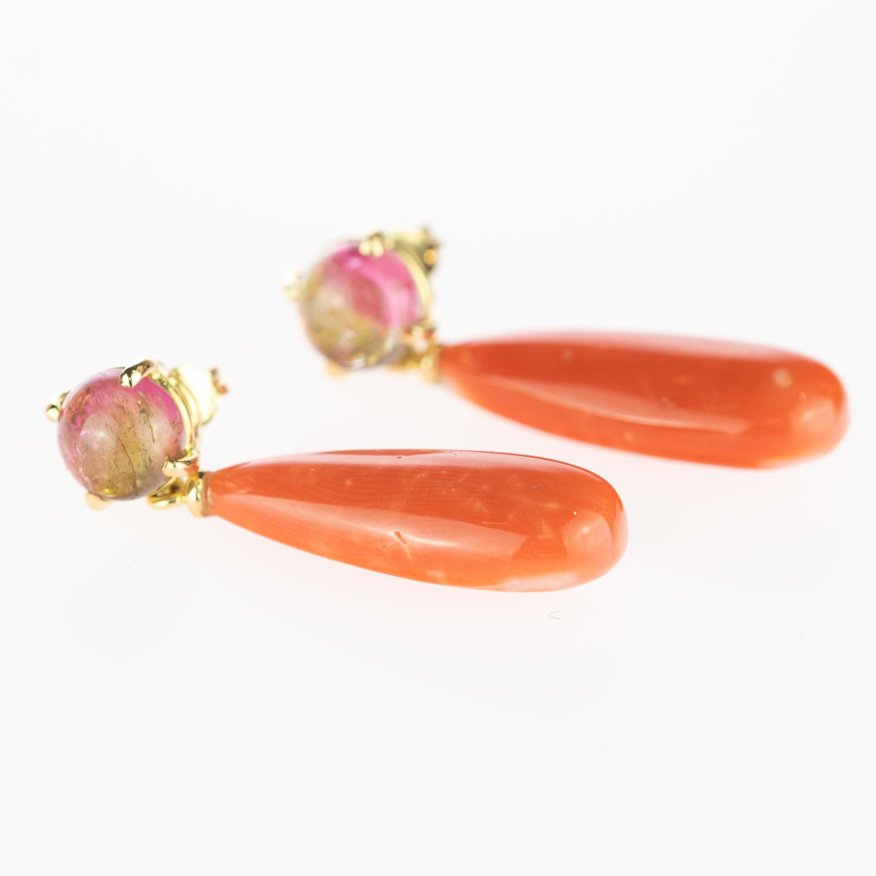 Women's Intini Jewels Italy Pink Coral Tear Tourmaline 18 Karat Gold Chain Drop Earrings