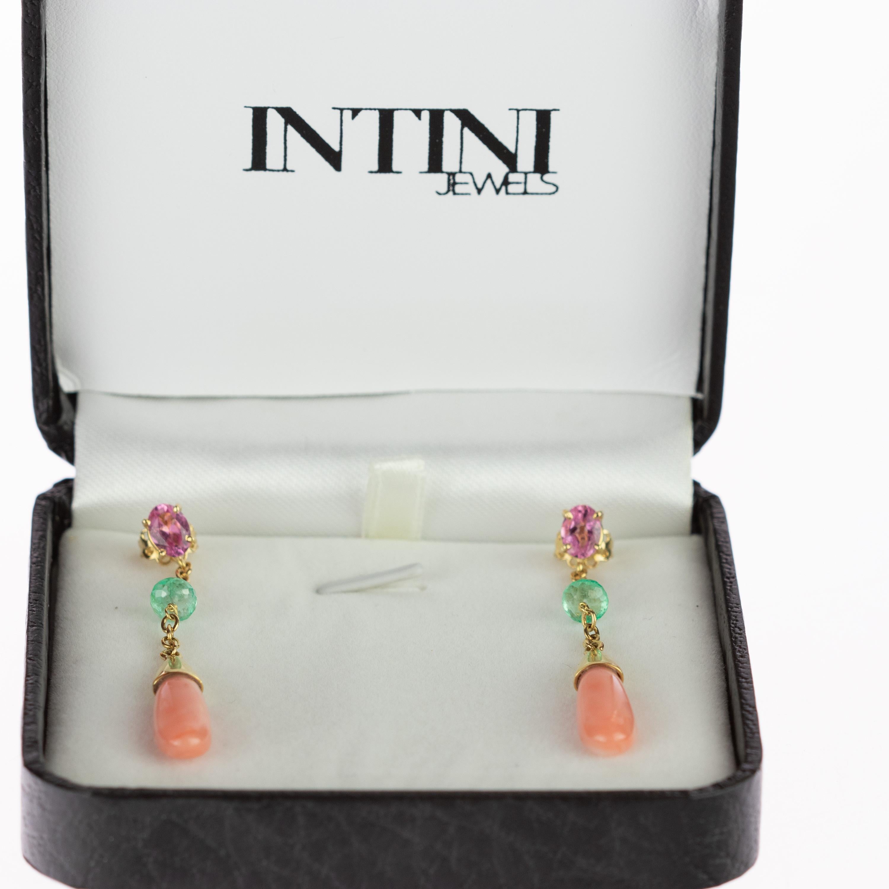 Intini Jewels Coral Emerald Tourmaline 18 Karat Gold Chain Drop Artisan Earrings For Sale 1