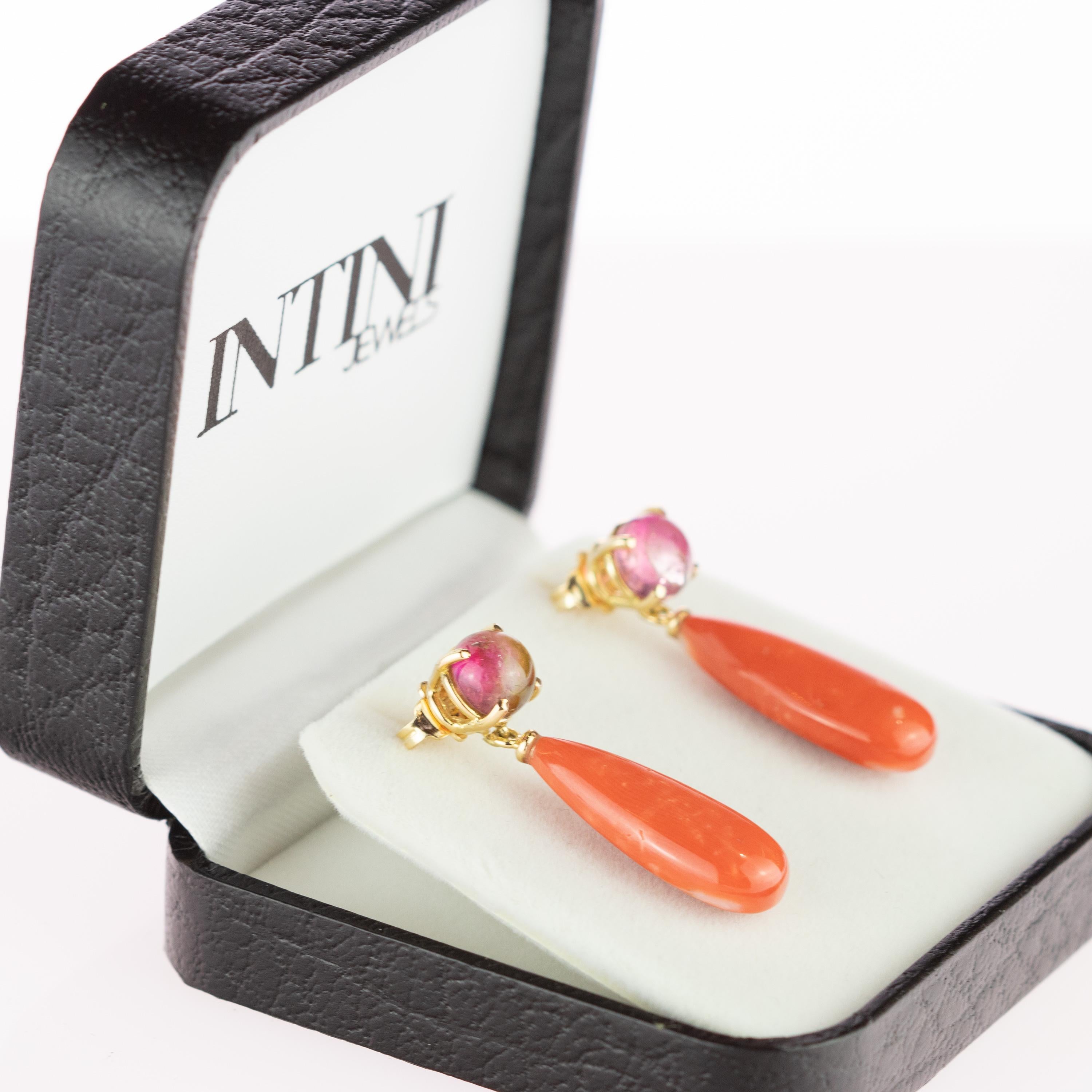 Intini Jewels Italy Pink Coral Tear Tourmaline 18 Karat Gold Chain Drop Earrings 1