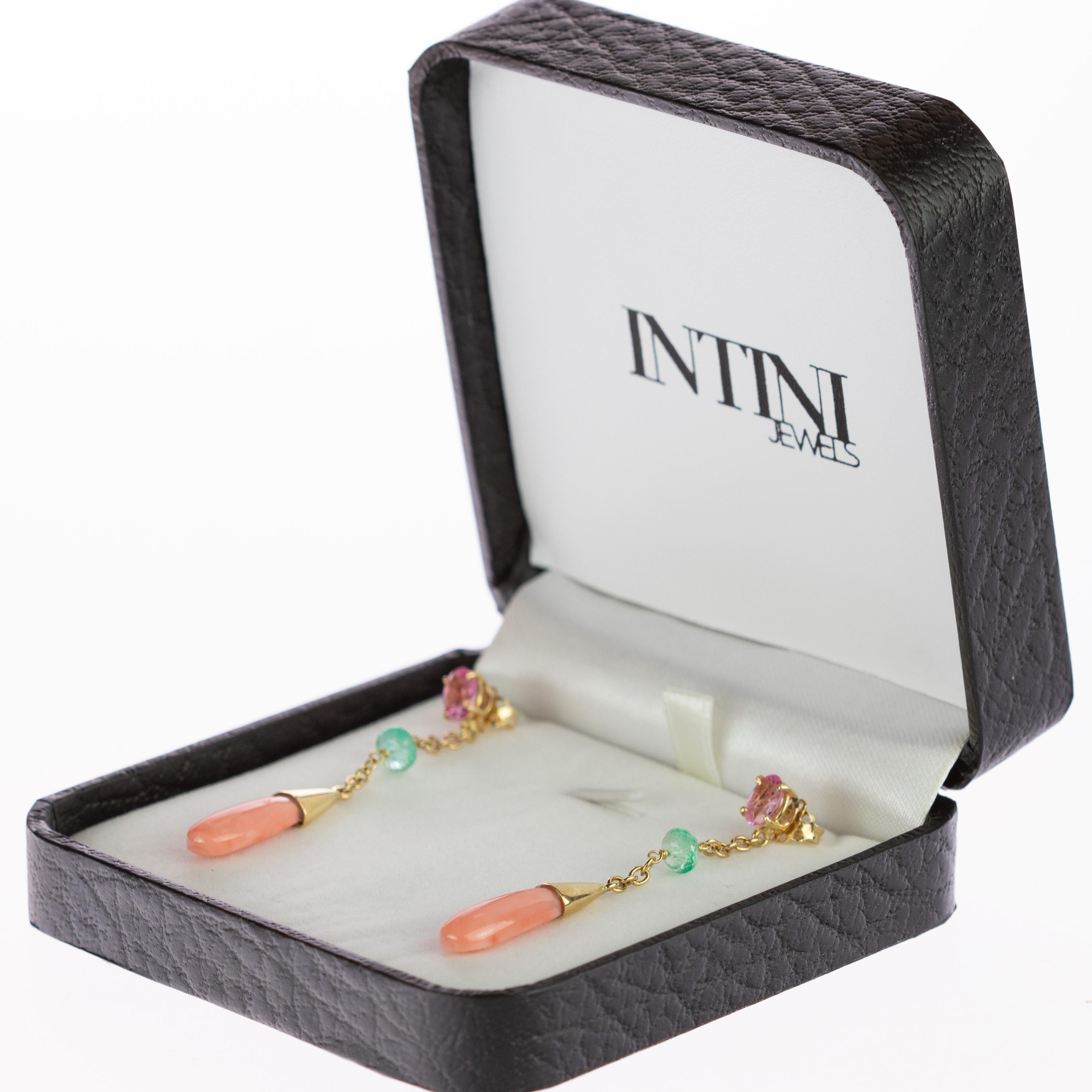 Intini Jewels Coral Emerald Tourmaline 18 Karat Gold Chain Drop Artisan Earrings For Sale 2