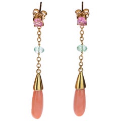 Intini Jewels Coral Emerald Tourmaline 18 Karat Gold Chain Drop Artisan Earrings