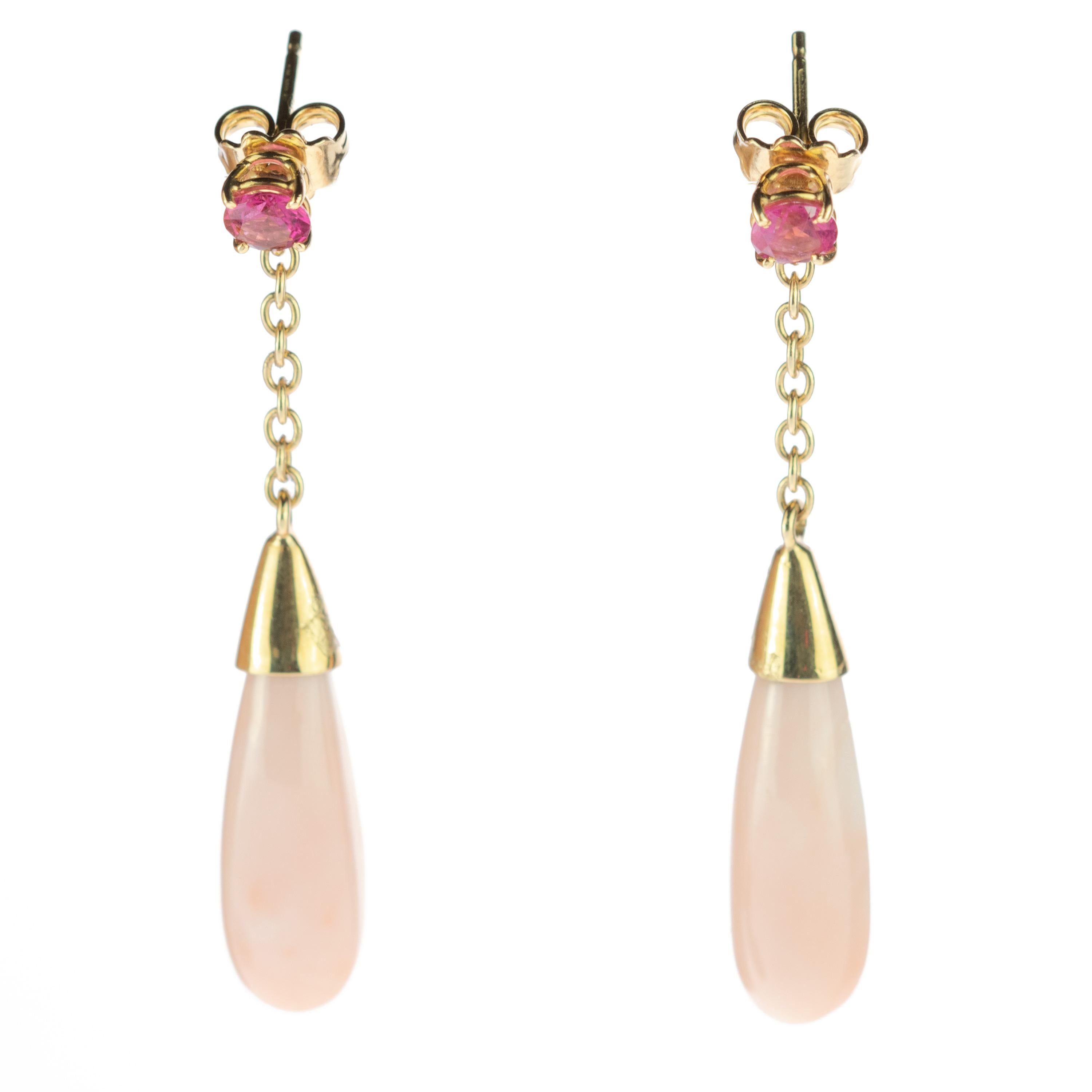 Mixed Cut Intini Jewels Pink Coral Violet Tourmaline 18 Karat Gold Chain Drop Chic Earring For Sale