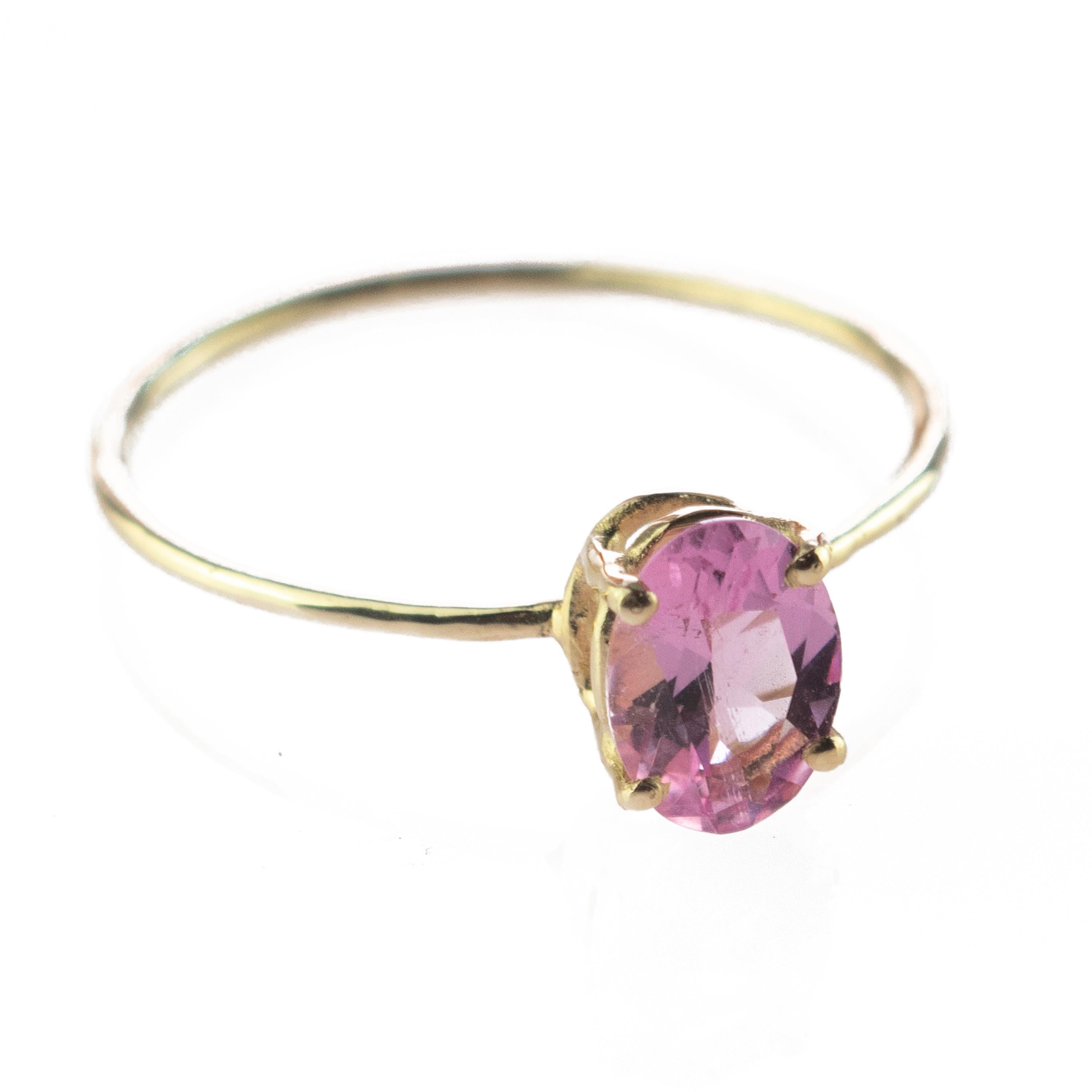 Arts and Crafts Intini Jewels Pink Oval Tourmaline 14 Karat Yellow Gold Cocktail Handmade Ring For Sale