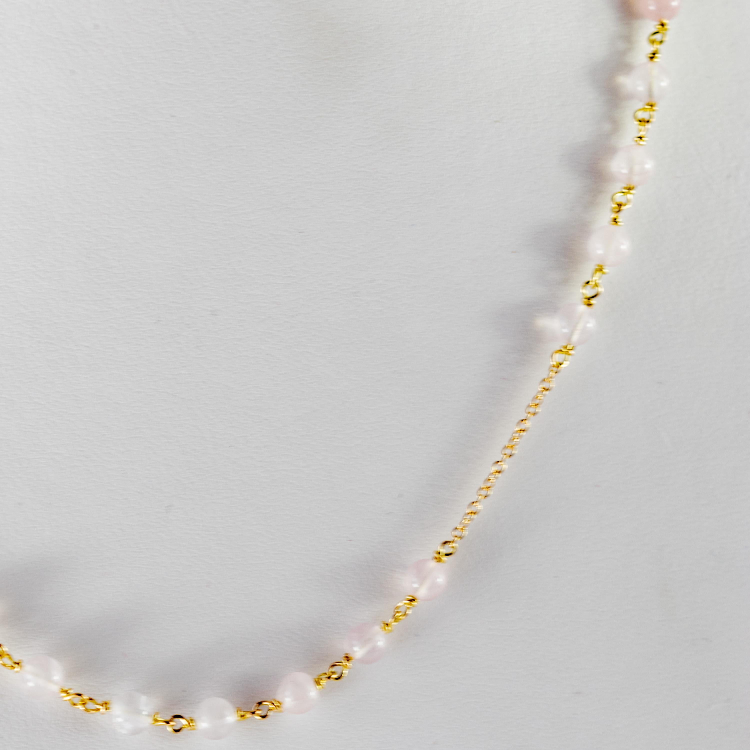 Art Nouveau Intini Jewels Pink Quartz Sphere 18 Karat Yellow Gold Chain Handmade Necklace For Sale
