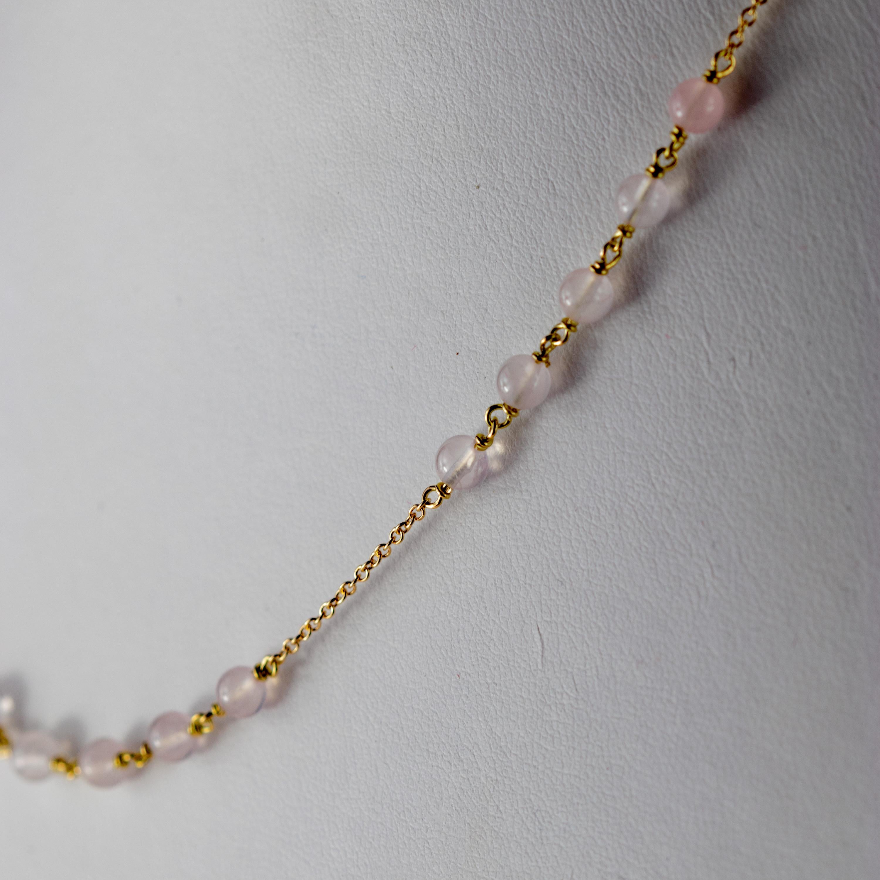 Mixed Cut Intini Jewels Pink Quartz Sphere 18 Karat Yellow Gold Chain Handmade Necklace For Sale