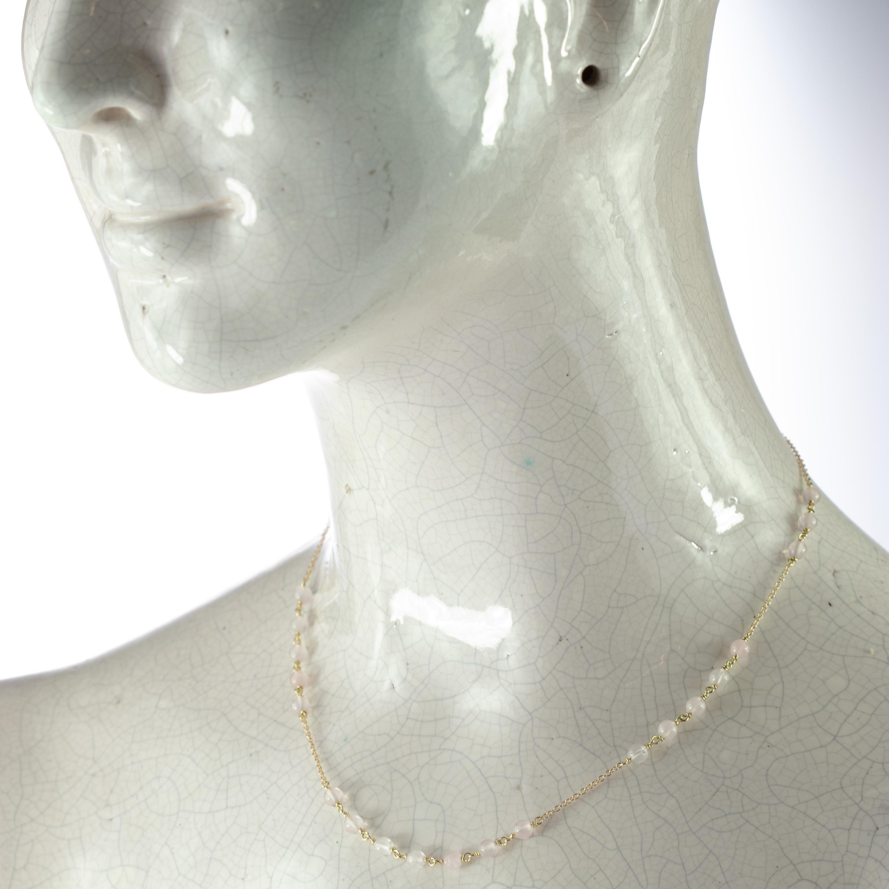 Women's Intini Jewels Pink Quartz Sphere 18 Karat Yellow Gold Chain Handmade Necklace For Sale