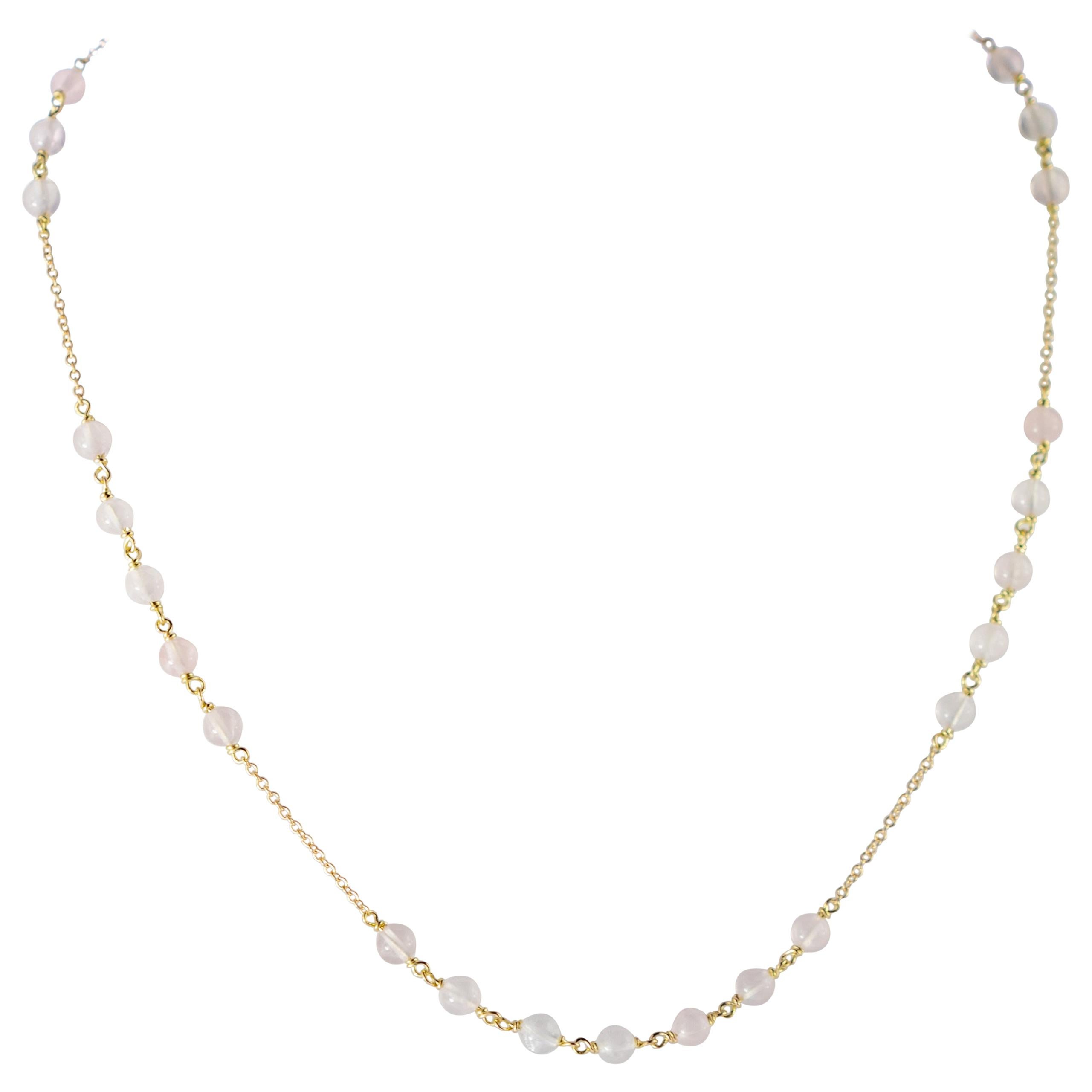 Intini Jewels Pink Quartz Sphere 18 Karat Yellow Gold Chain Handmade Necklace For Sale