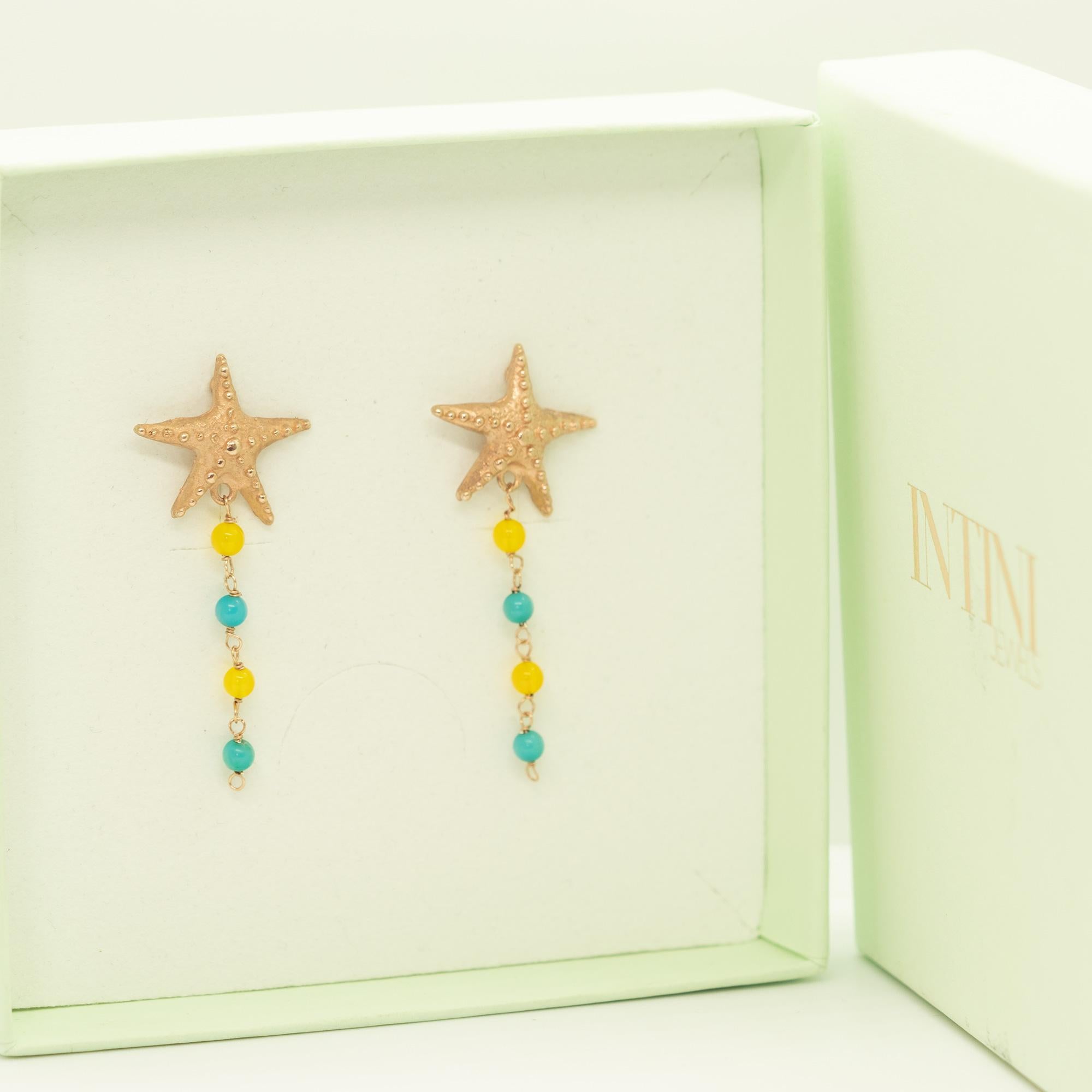 Intini Jewels Pink Silver Sea Star Dangle Summer Turquoise Agate Boho Earrings In New Condition For Sale In Milano, IT