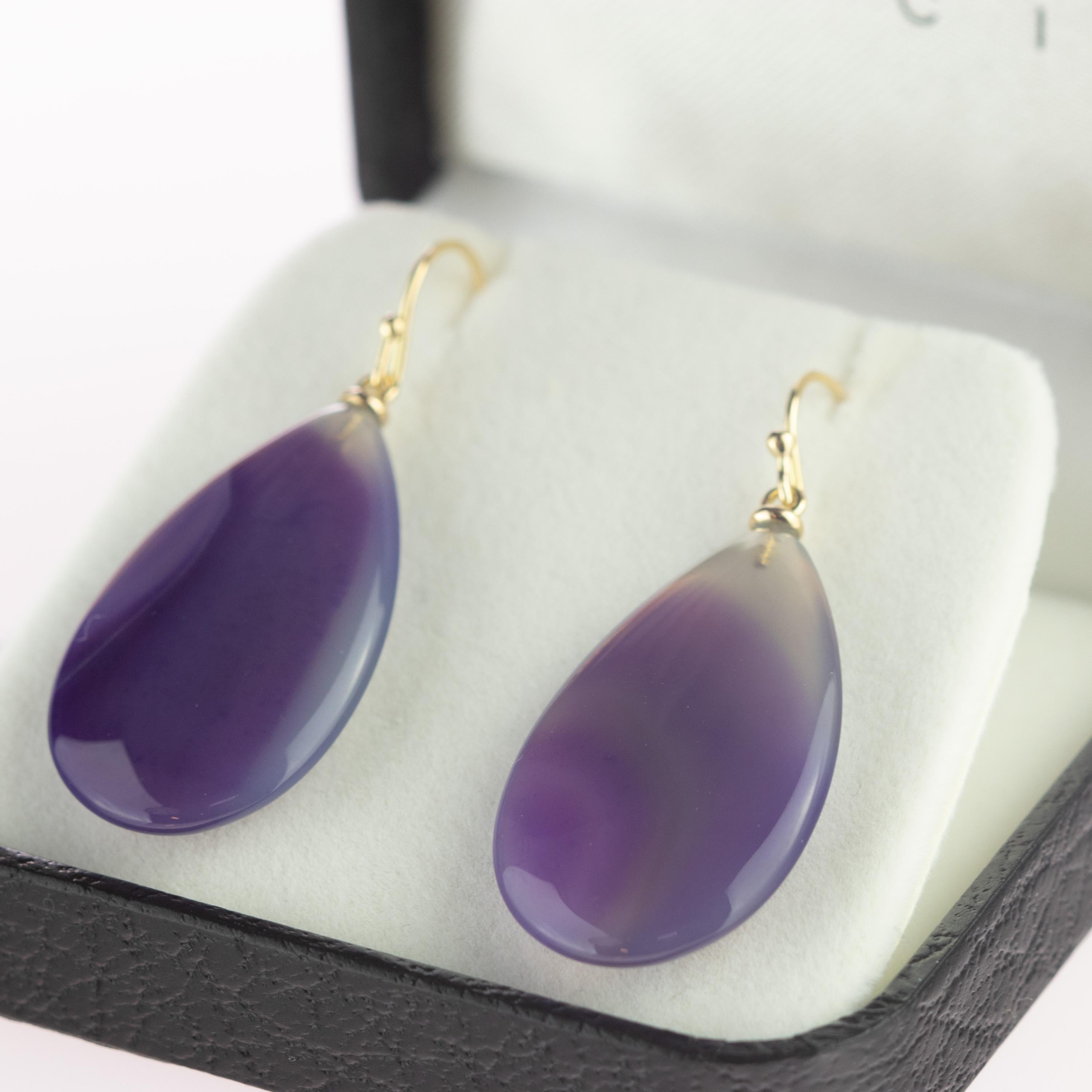 Intini Jewels Boucles d'oreilles en goutte d'oreilles en or jaune 18 carats avec agate blanche pourpre et poire en vente 1