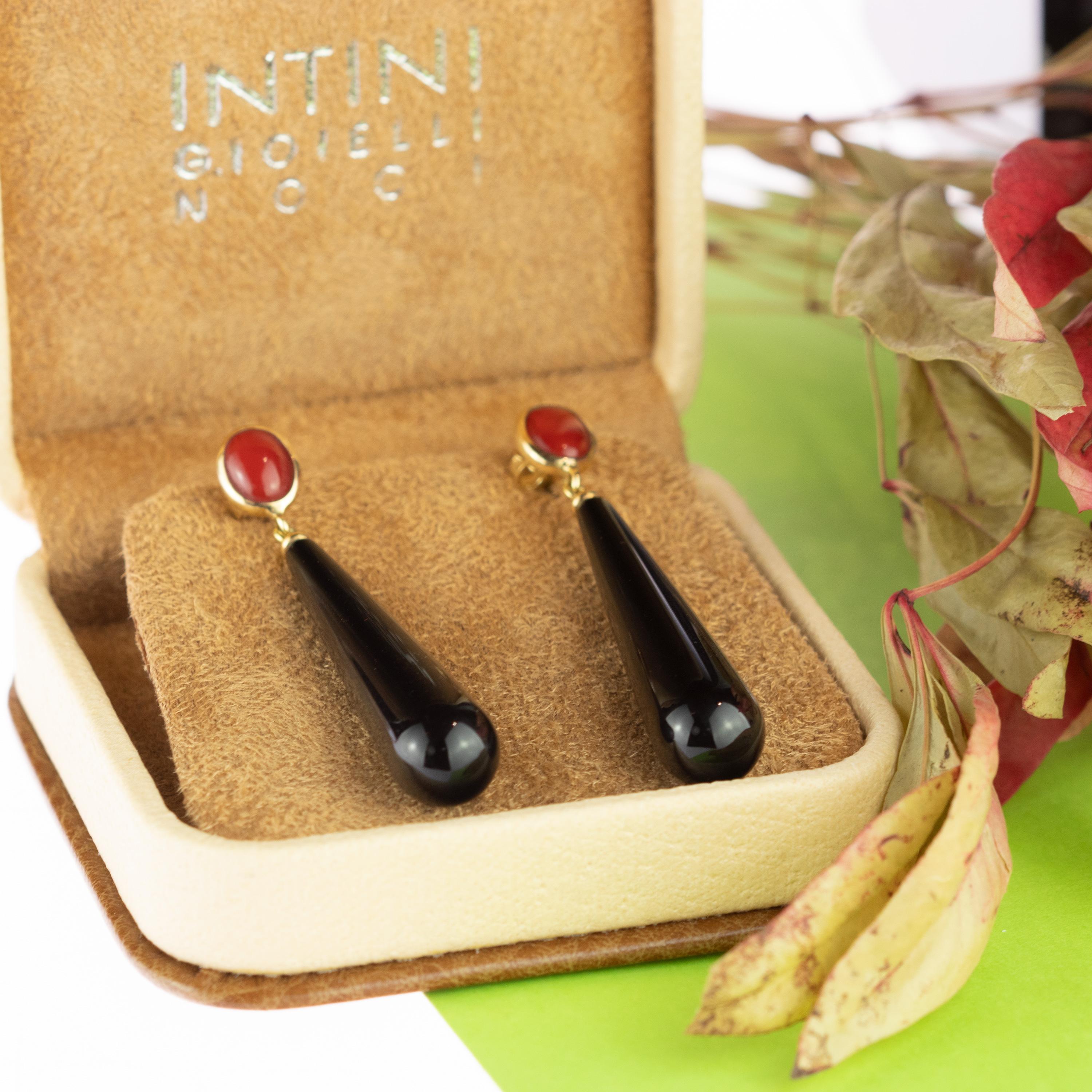 Intini Jewels Red Coral Black Agate Drops 18 Karat Gold Long Handmade Earrings 5
