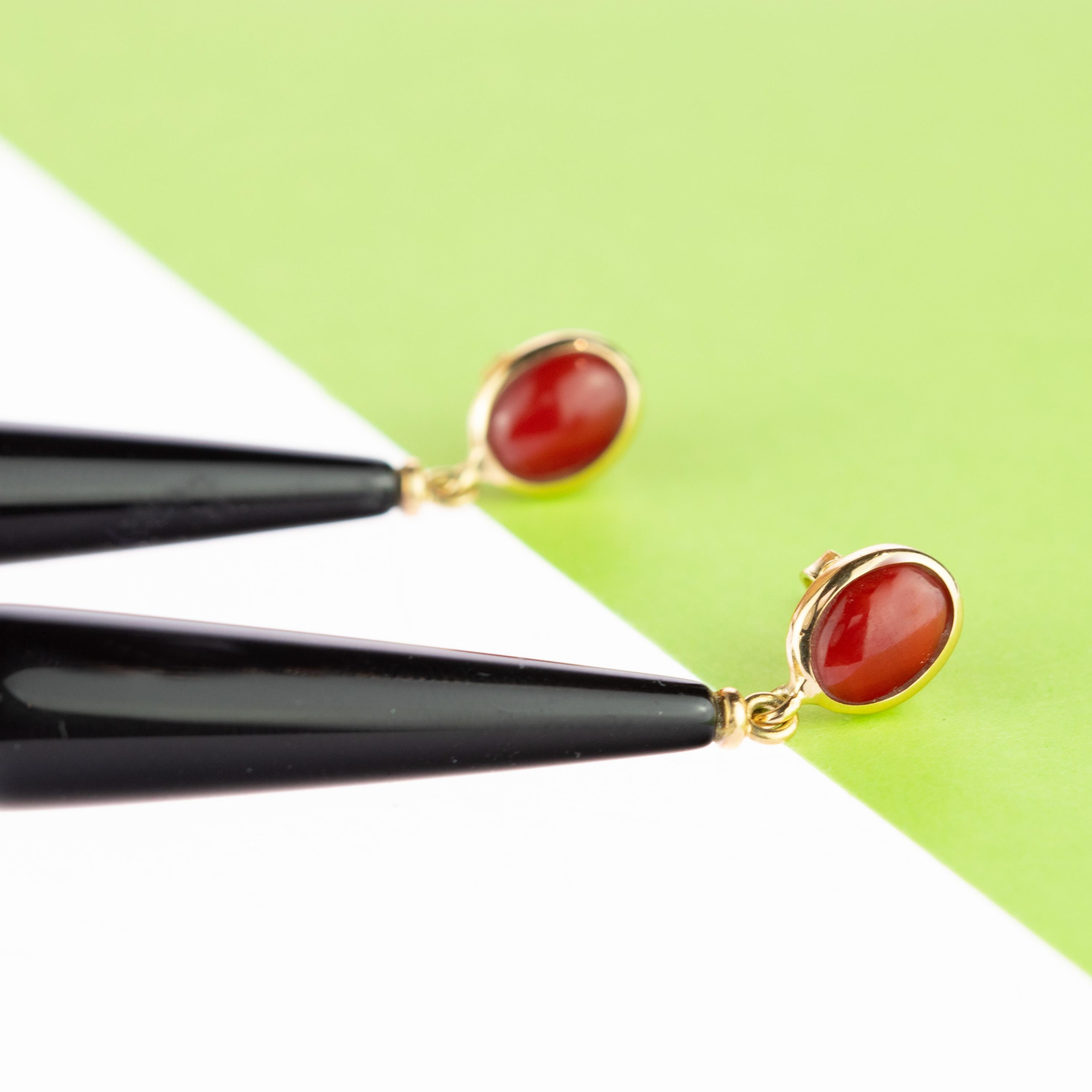 Intini Jewels Red Coral Black Agate Drops 18 Karat Gold Long Handmade Earrings In New Condition In Milano, IT