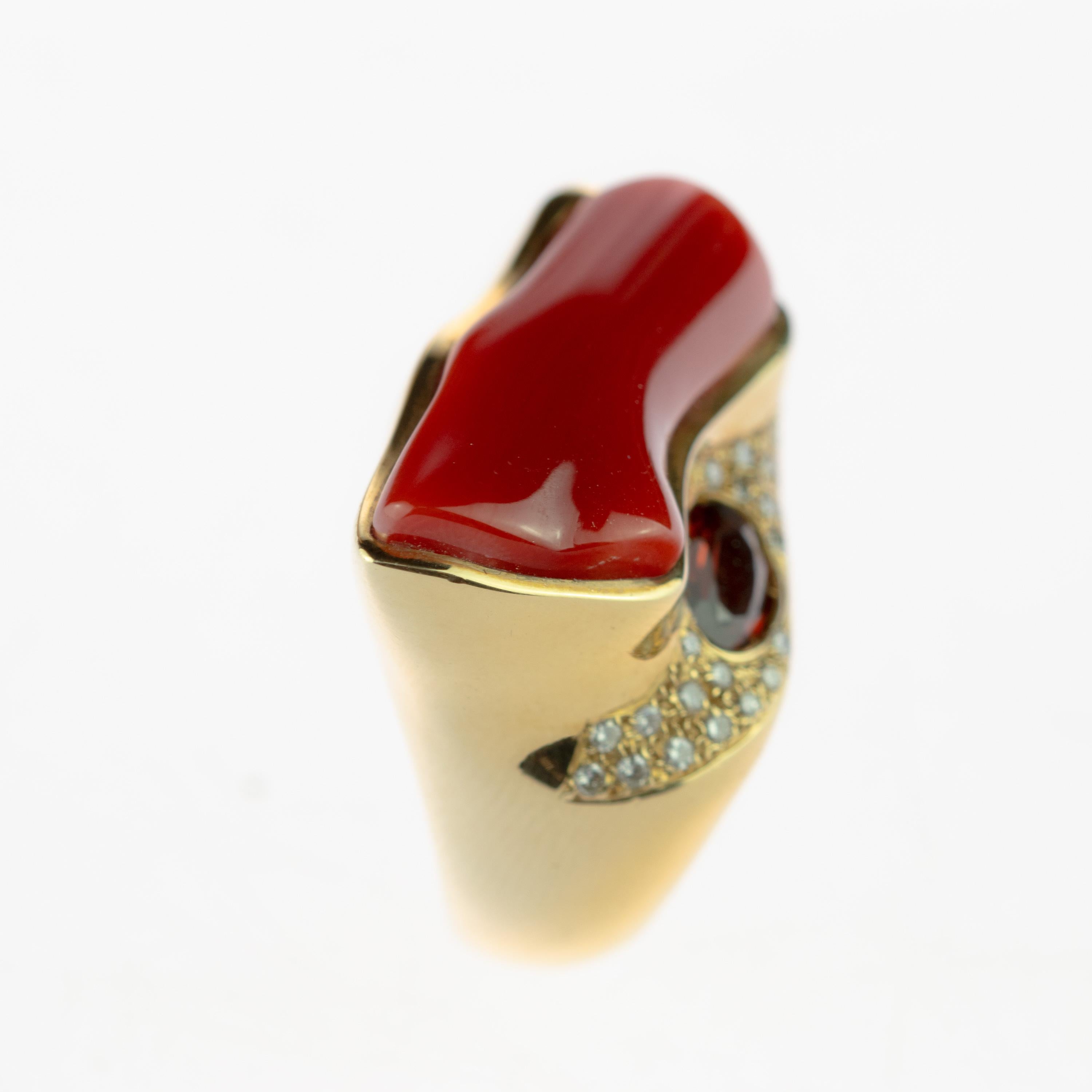 Intini Jewels Red Coral Garnet Diamond 18 Karat Yellow Gold Cocktail Ring In New Condition In Milano, IT