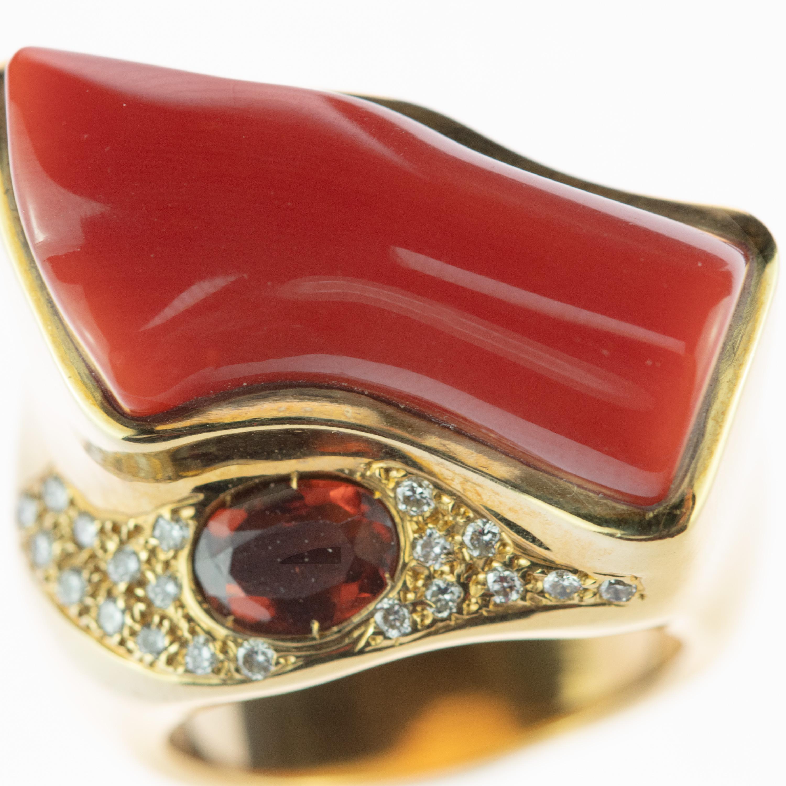 Women's Intini Jewels Red Coral Garnet Diamond 18 Karat Yellow Gold Cocktail Ring