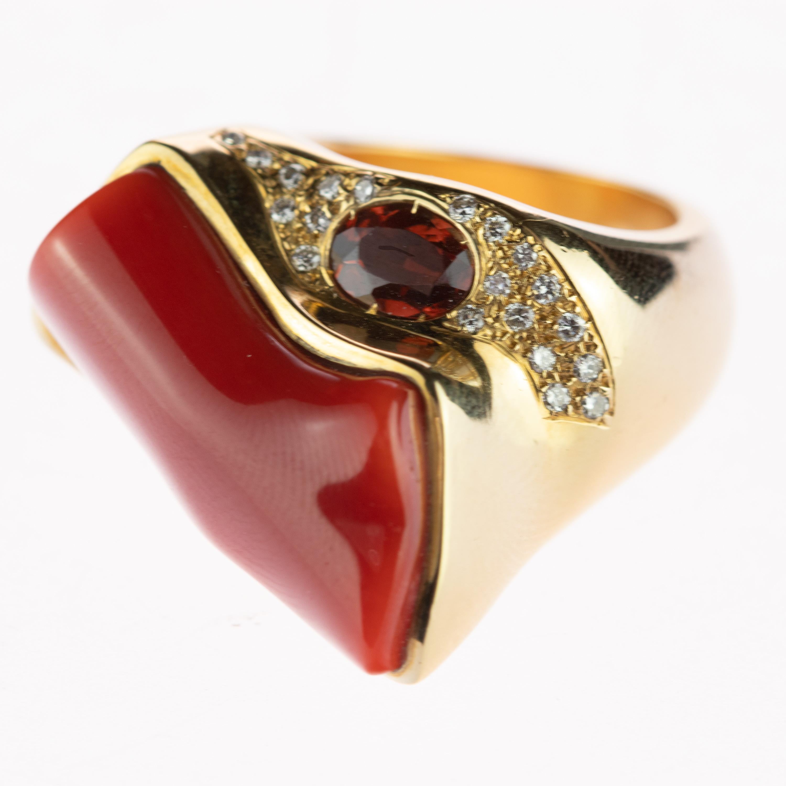 Intini Jewels Red Coral Garnet Diamond 18 Karat Yellow Gold Cocktail Ring 2