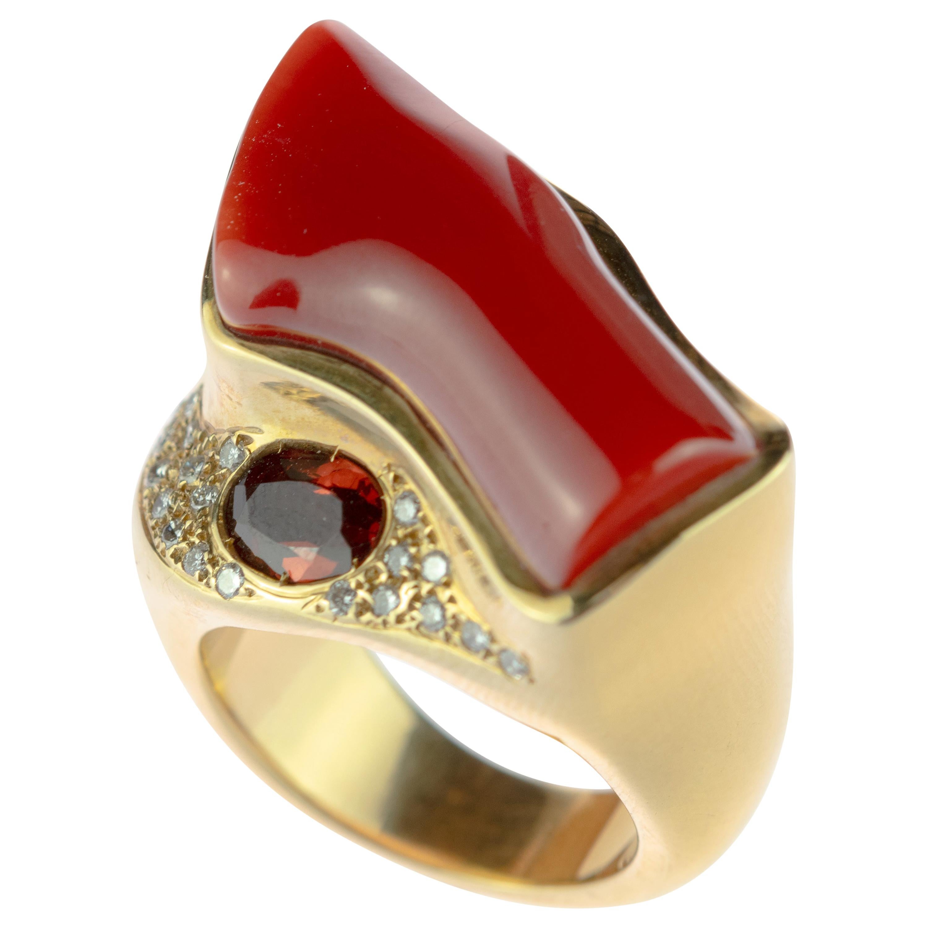 Intini Jewels Red Coral Garnet Diamond 18 Karat Yellow Gold Cocktail Ring