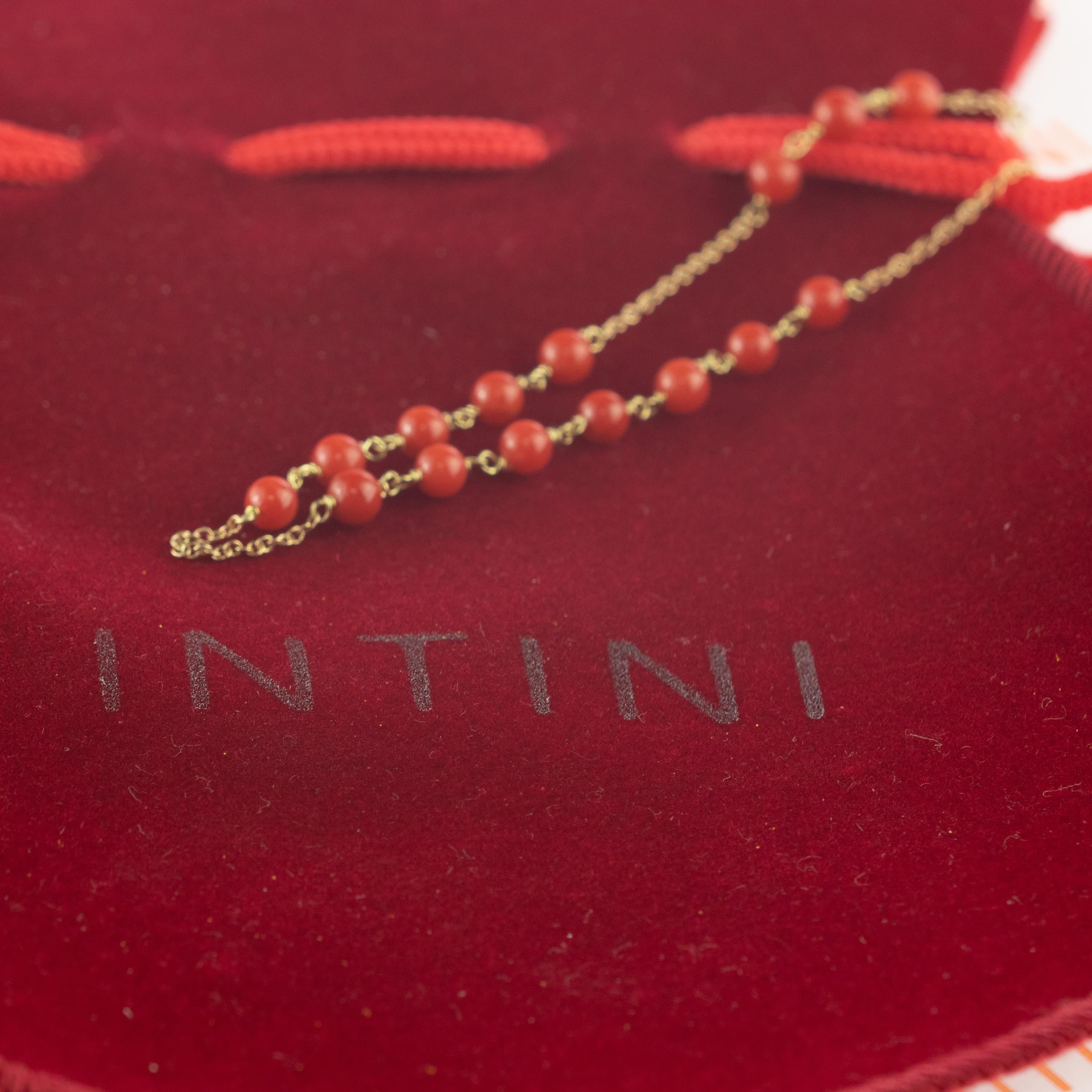 Intini Jewels Red Coral Spheres 18 Karat Yellow Gold Chain Cocktail Necklace For Sale 1
