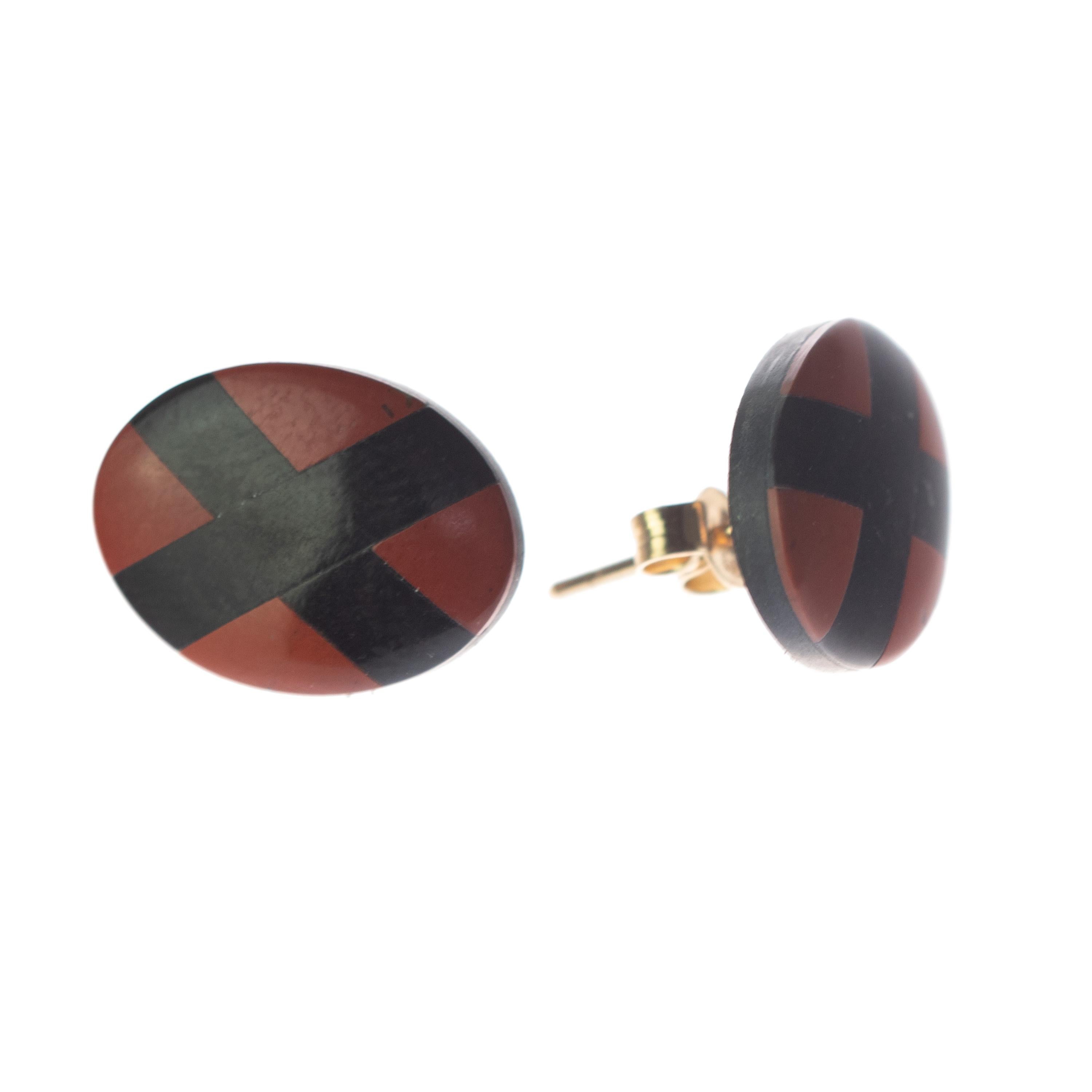 Oval Cut Intini Jewels Red Jasper 9 Karat Gold Stud Oval Black Cross Modern Earrings For Sale