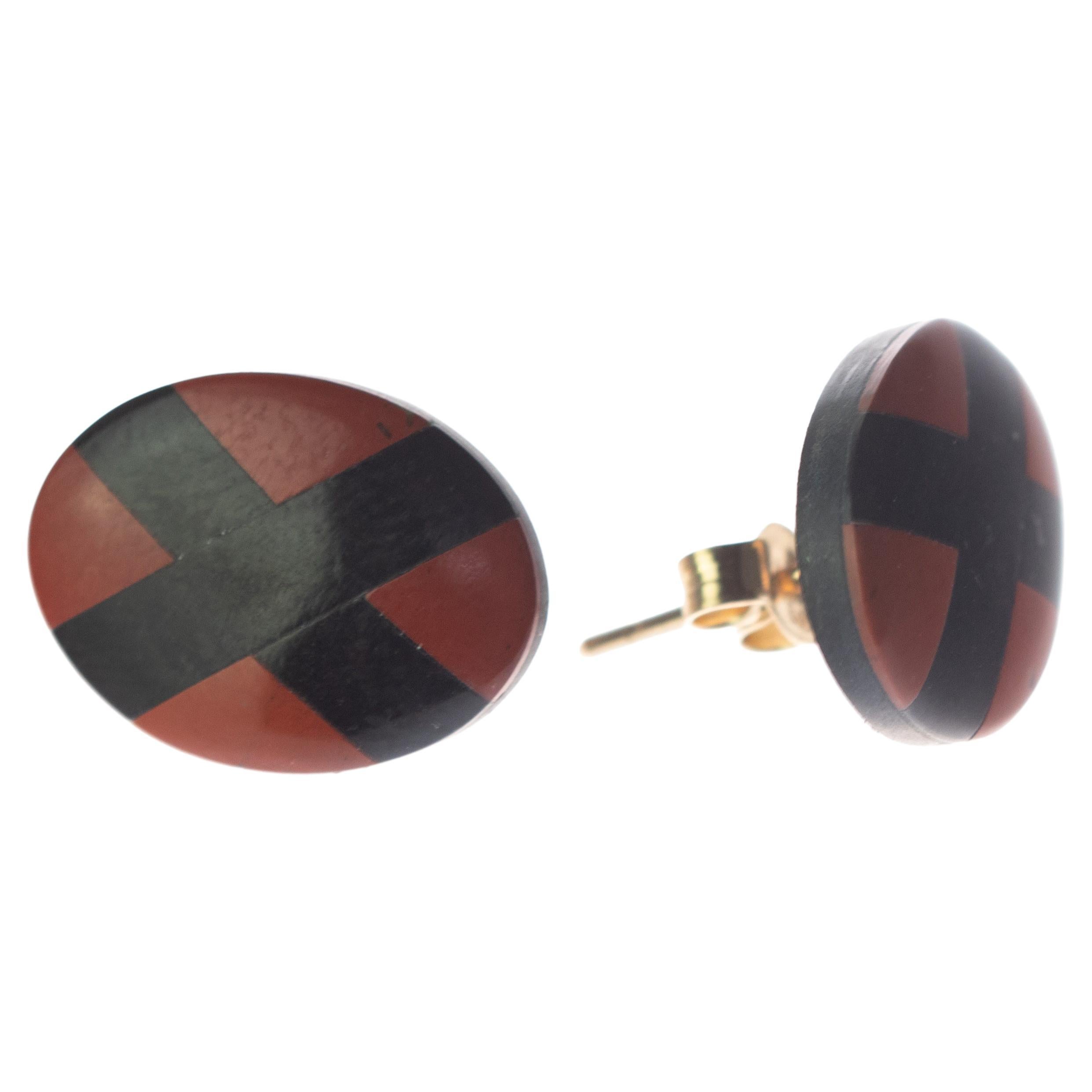 Intini Jewels Red Jasper 9 Karat Gold Stud Oval Black Cross Modern Earrings For Sale