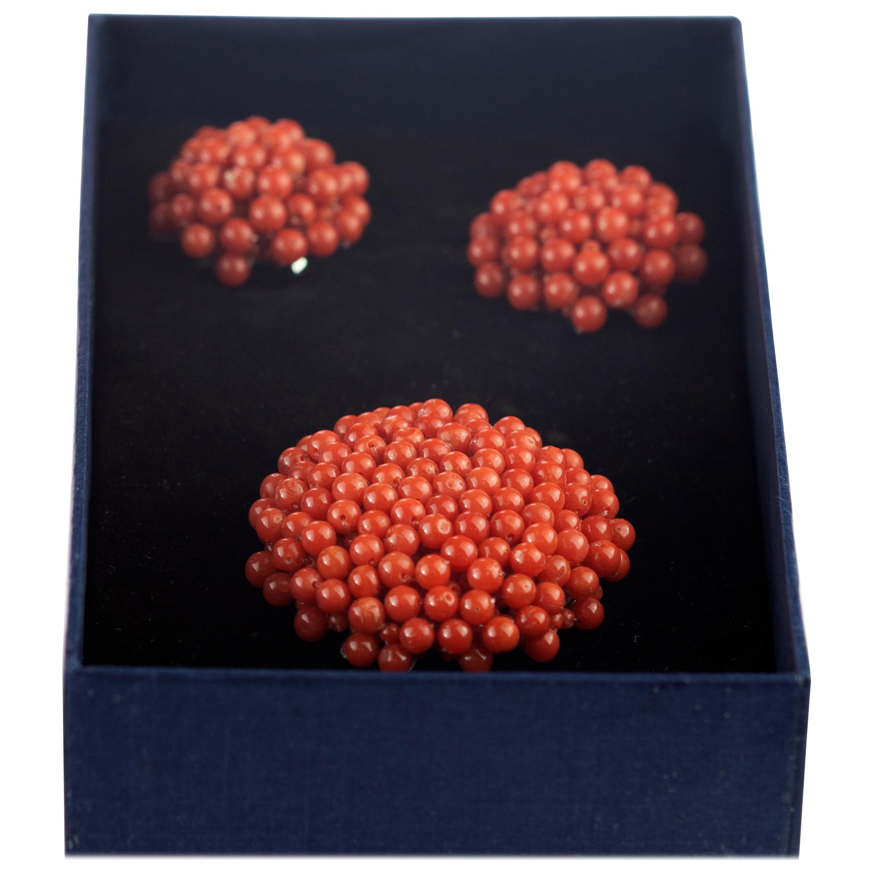 Intini Jewels Red Mediterranean Coral Flower Cocktail Round Brooch Earrings Set For Sale