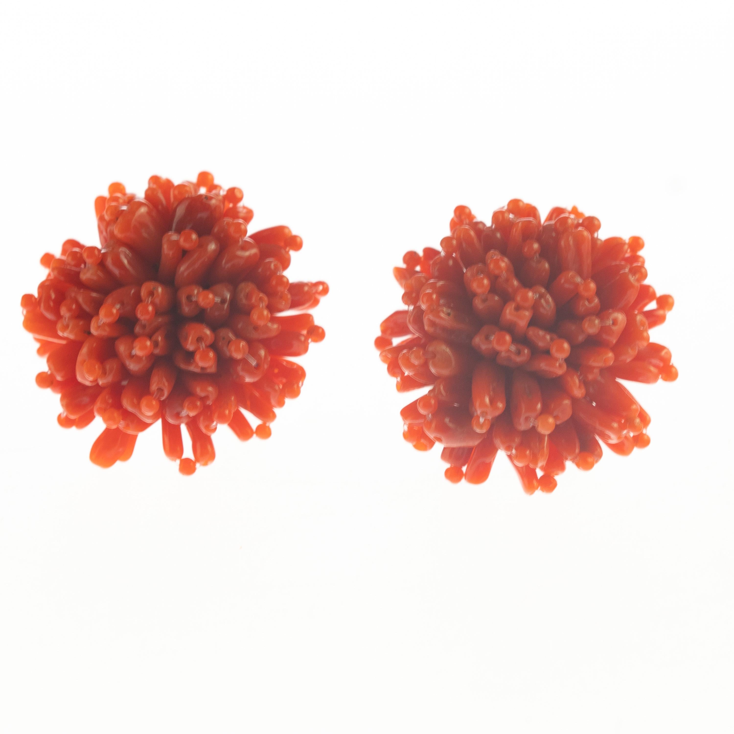 Art Nouveau Intini Jewels Red Mediterranean Coral Flower Handmade Clip-On Cocktail Earrings For Sale