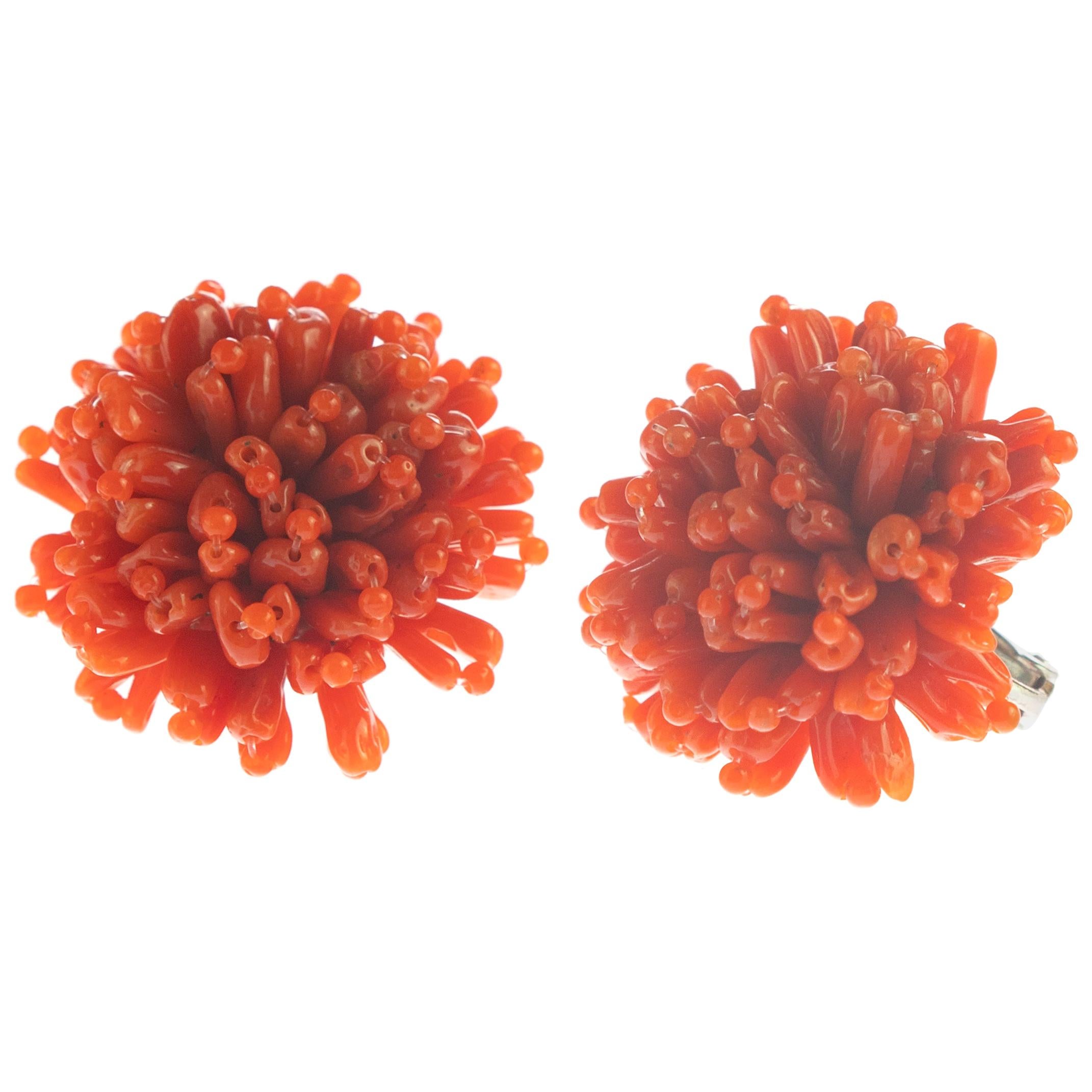 Intini Jewels Red Mediterranean Coral Flower Handmade Clip-On Cocktail Earrings For Sale
