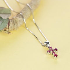 Intini Jewels Red Ruby Cross Pendant Handmade 18 Carat White Gold Chain Necklace