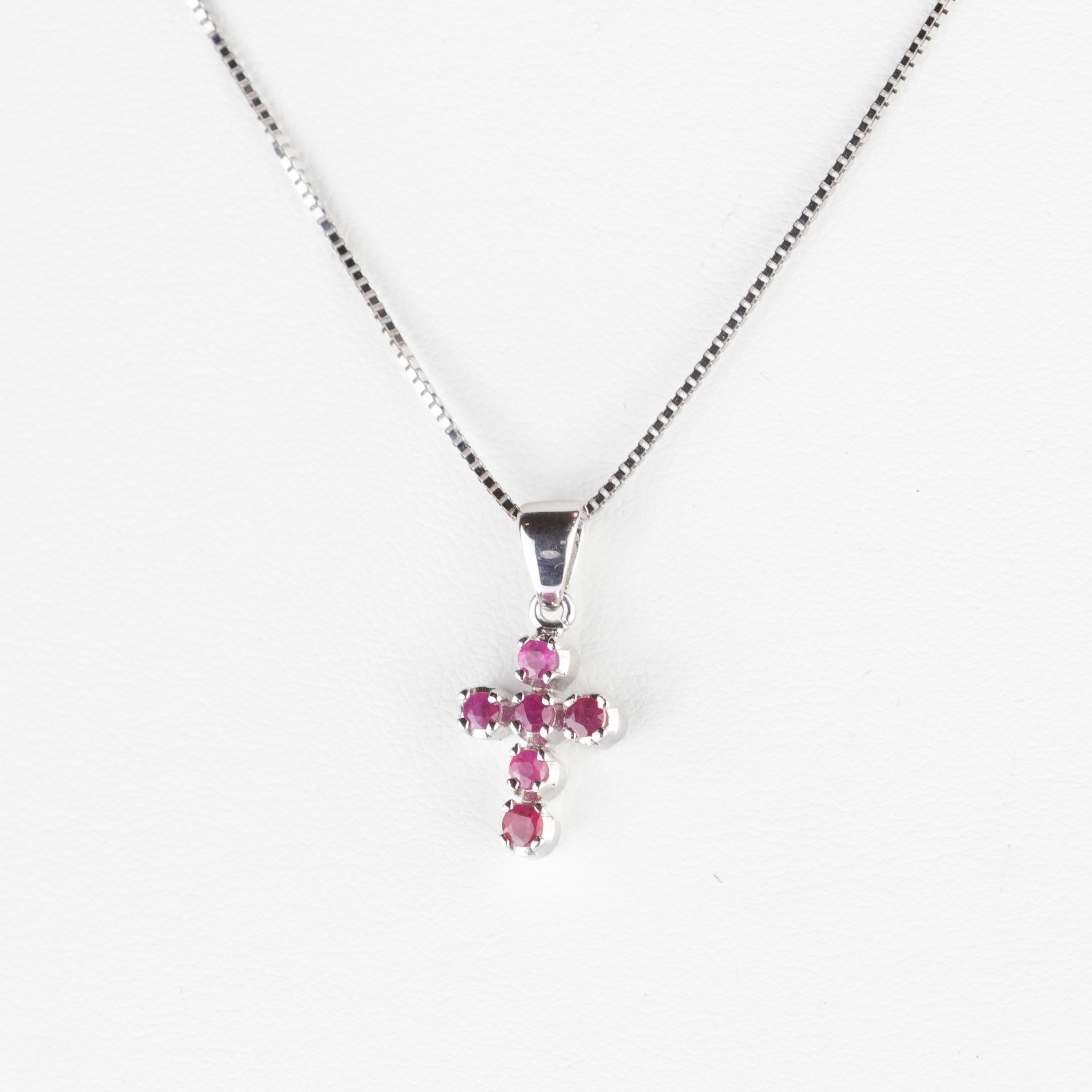 Intini Jewels Red Ruby Cross Pendant Handmade 18 Carat White Gold Chain Necklace In New Condition For Sale In Milano, IT