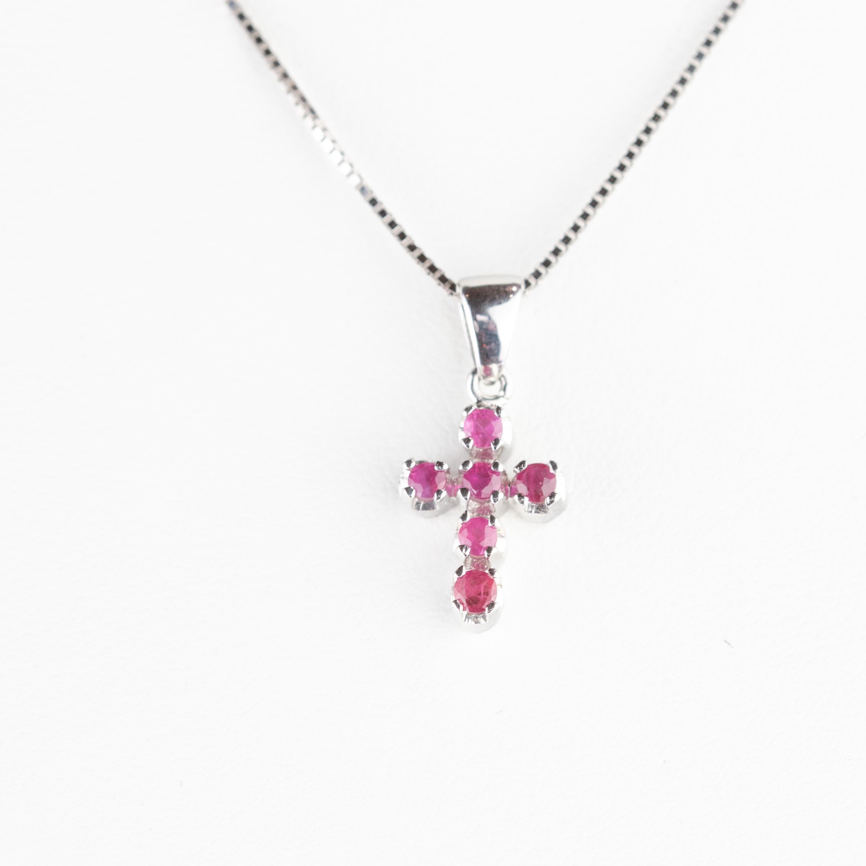 Intini Jewels Red Ruby Cross Pendant Handmade 18 Carat White Gold Chain Necklace For Sale 1