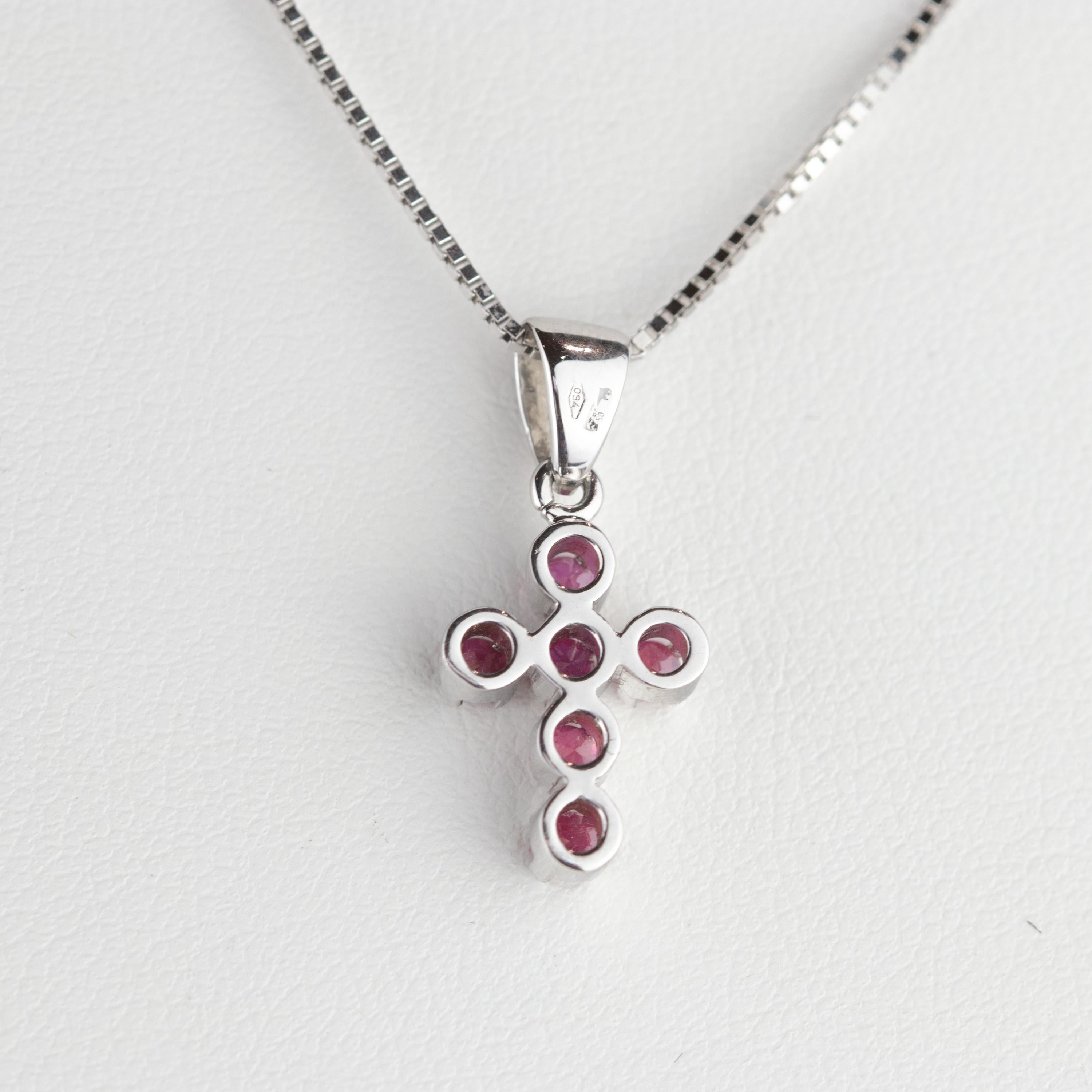 Intini Jewels Red Ruby Cross Pendant Handmade 18 Carat White Gold Chain Necklace For Sale 2