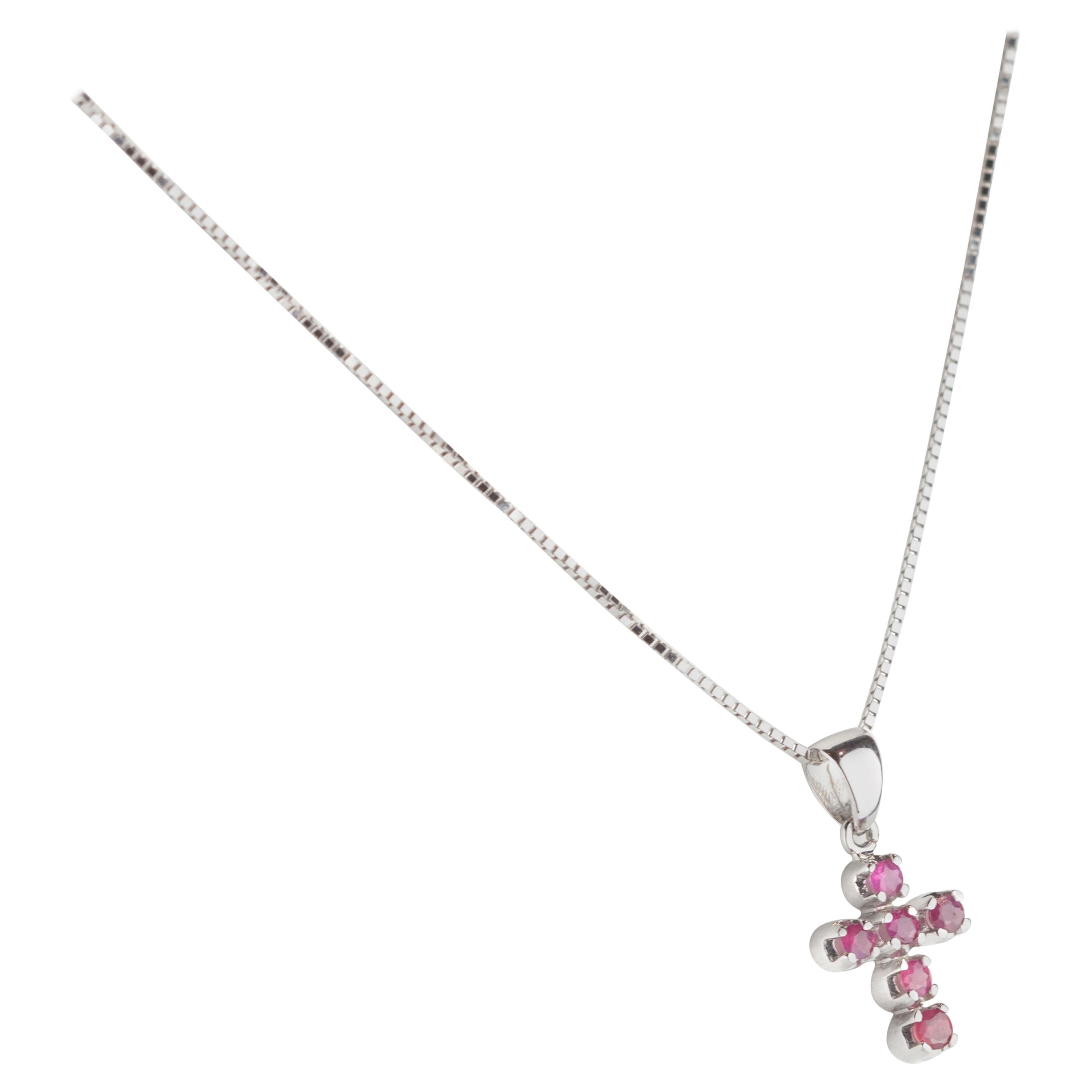 Intini Jewels Red Ruby Cross Pendant Handmade 18 Carat White Gold Chain Necklace For Sale