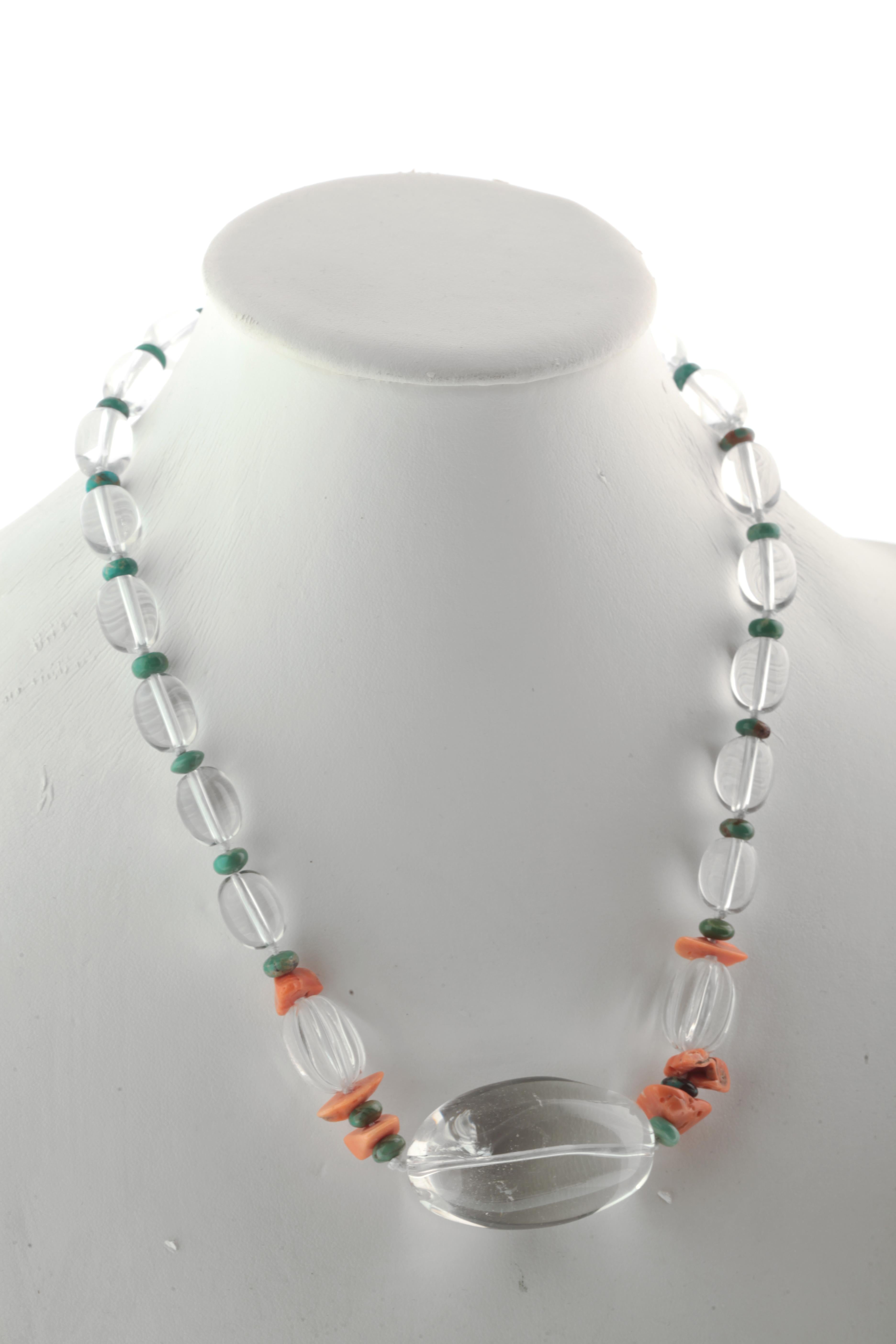 Mixed Cut Intini Jewels Rock Crystal Coral Turquoise Silver Modern Chic Necklace For Sale