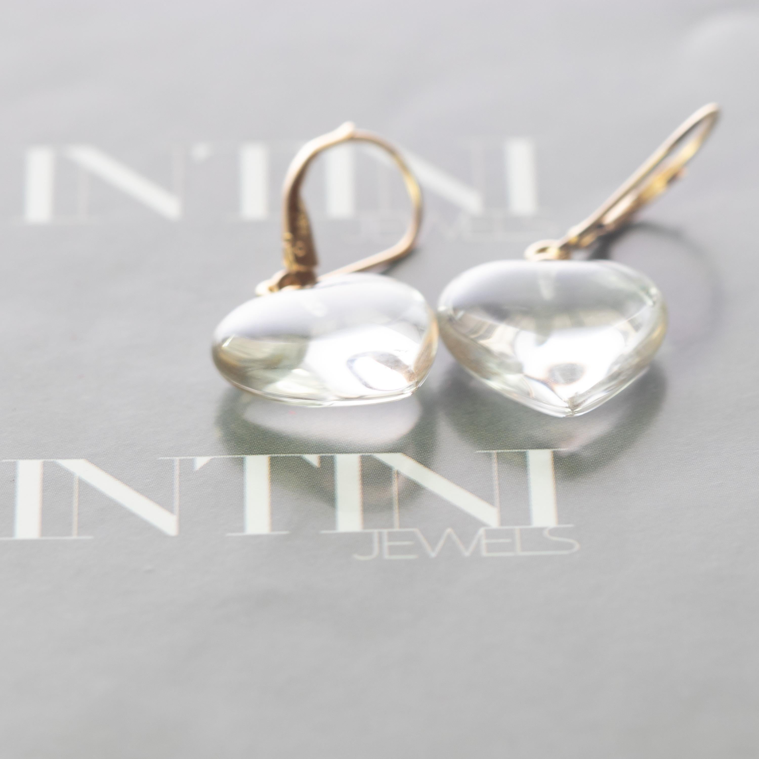 Intini Jewels Pendientes Boho Corazón de Cristal de Roca de Oro de 18 Kilates con Gota de Amor Corte de corazón en venta