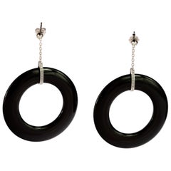 Round Diamond Stud Black Agate Donut 18 Karat Gold Drop Earrings