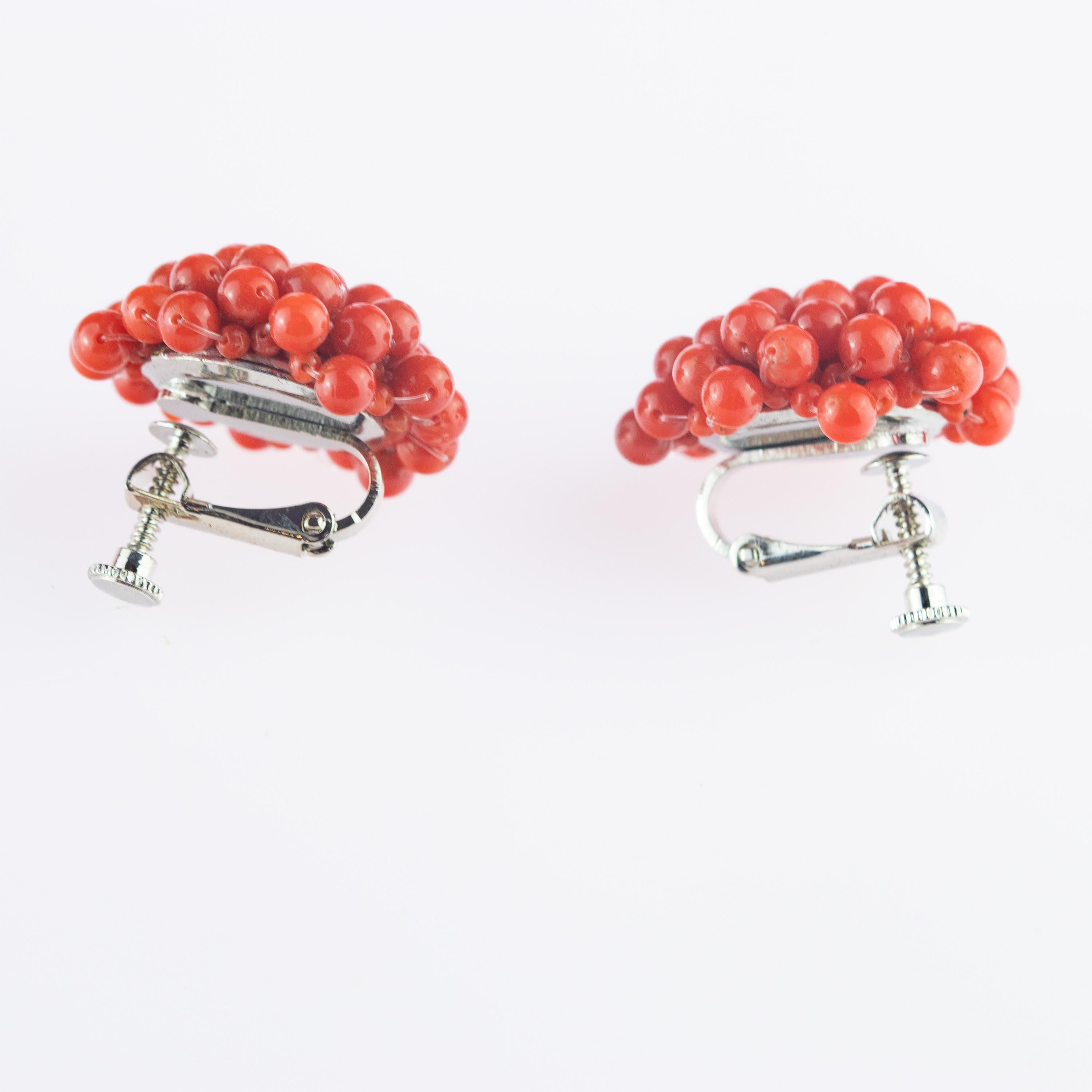 Art Nouveau Intini Jewels Round Red Mediterranean Coral Flower Handmade Clip-On Earrings For Sale