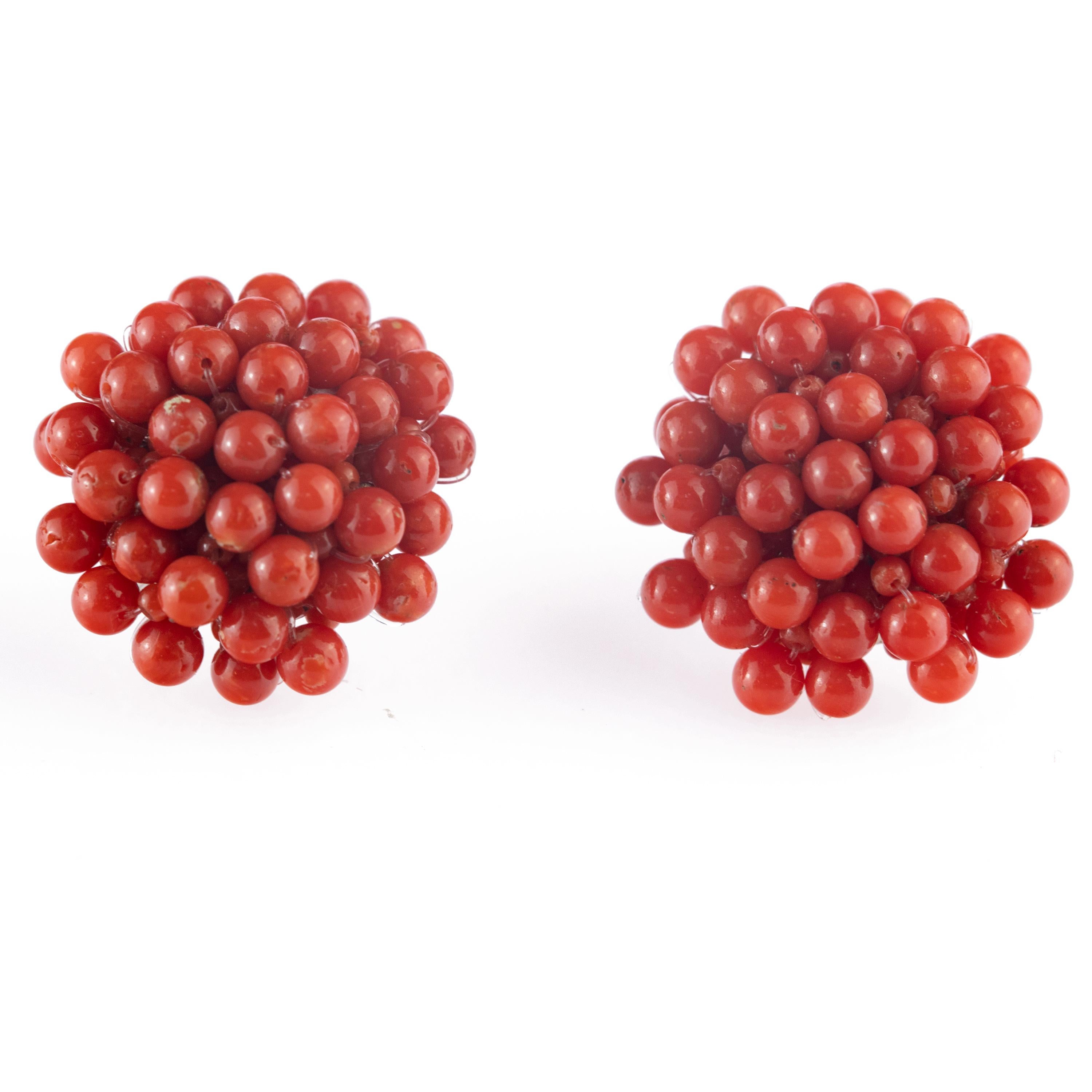 Intini Jewels Round Red Mediterranean Coral Flower Handmade Clip-On Earrings For Sale 1