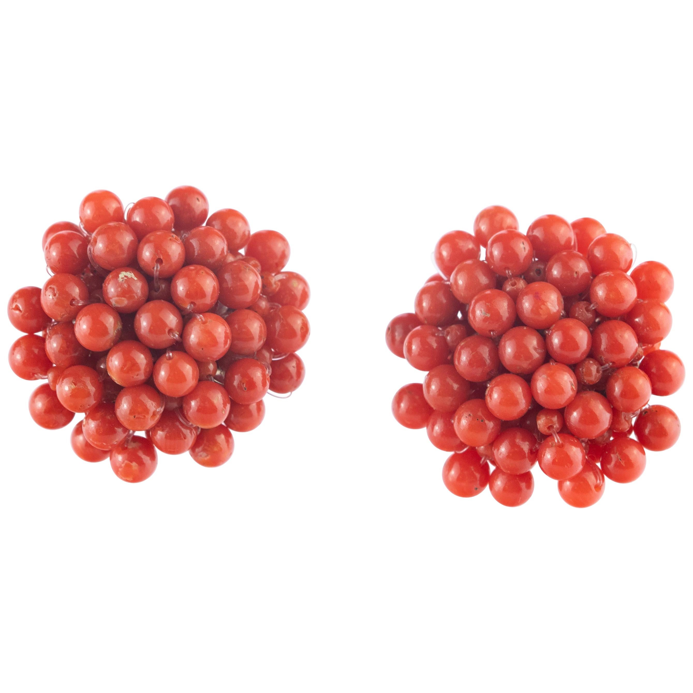 Intini Jewels Round Red Mediterranean Coral Flower Handmade Clip-On Earrings For Sale